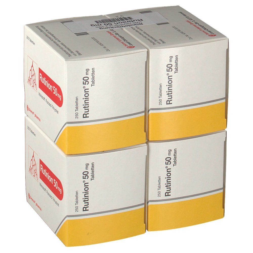 Vier Kartons Rutinion 50 mg, gestapelt. Aufdruck: Name, Wirkstoff, 250 Tabletten. Rote Grafik. Gelber Akzent.