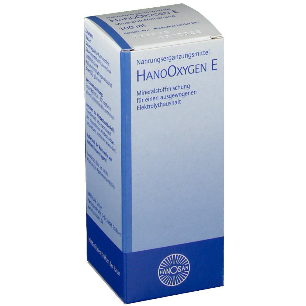 Karton von HANOOXYGEN® E. Blaue und weiße Verpackung. Text: Nahrungsergänzungsmittel, Mineralstoffmischung. HANOSAN-Logo unten.