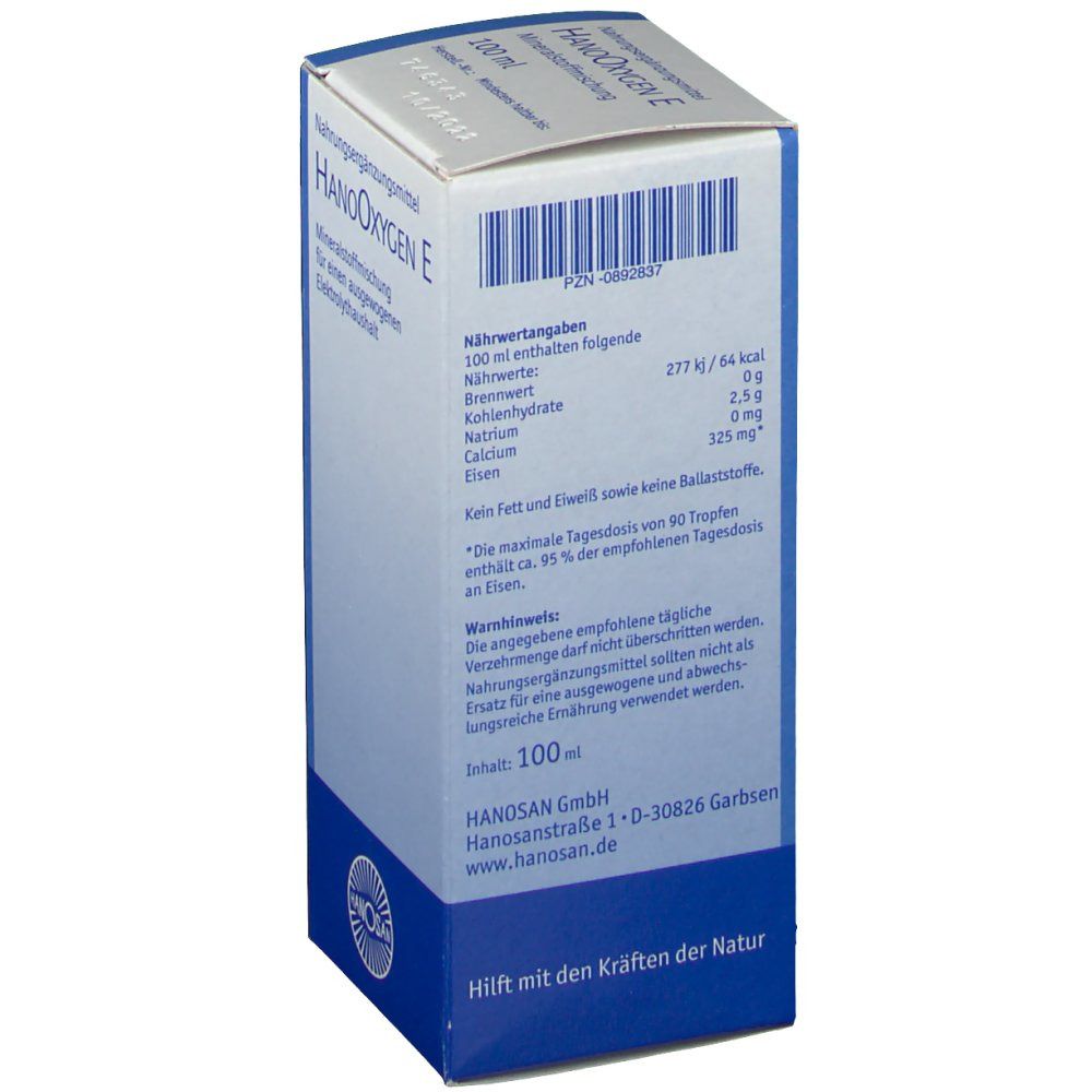 Rückseite der HANOOXYGEN® E-Verpackung. Enthält Nährwertangaben. Text: 100 ml, Brennwert, Kohlenhydrate, Eisen, Calcium. HANOSAN-Logo unten.