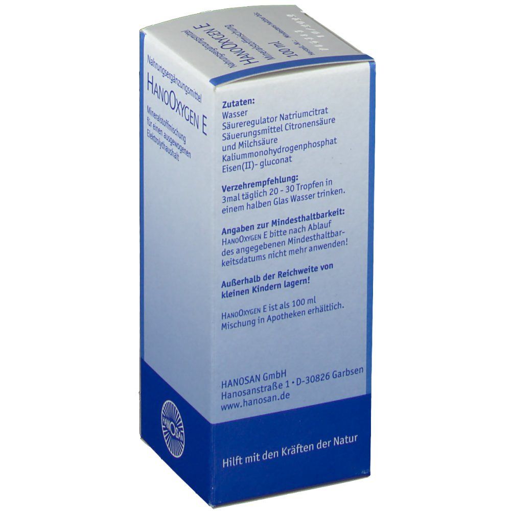 Seite der HANOOXYGEN® E-Verpackung. Enthält Zutaten und Verzehrempfehlung. Text: Wasser, Natriumcitrat, Citronensäure, Milchsäure, Kaliummonohydrogenphosphat.