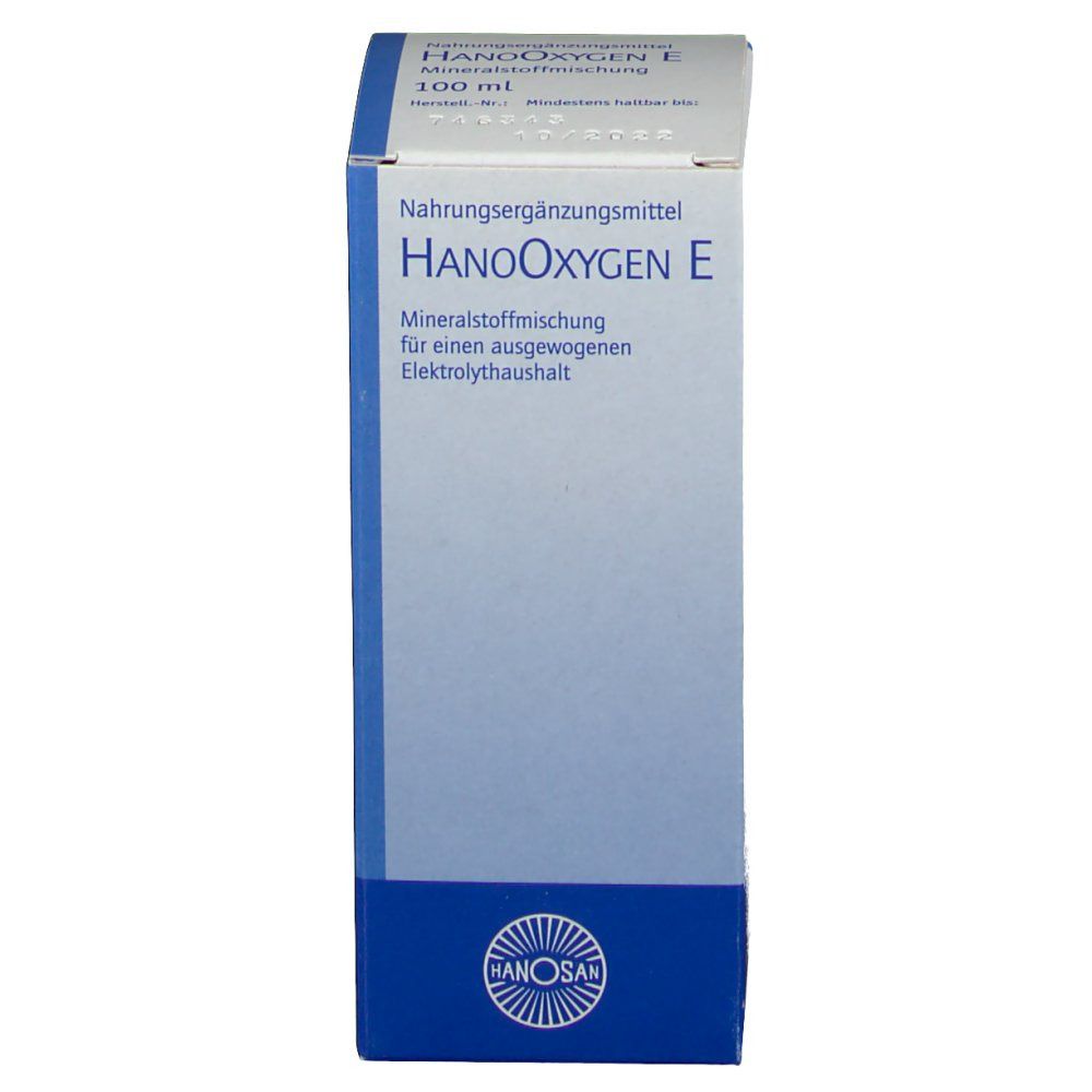Karton von HANOOXYGEN® E. Blaue und weiße Verpackung. Text: Nahrungsergänzungsmittel, Mineralstoffmischung. HANOSAN-Logo unten.