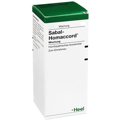 Weißer Karton mit grünem Deckel. Beschriftung: Sabal-Homaccord Mischung. Marke Heel.