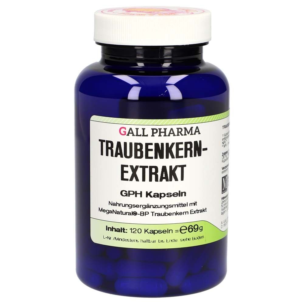Blaue Flasche mit weißen Deckel. Aufschrift: TRAUBENKERNEXTRAKT GPH Kapseln. Grün-weißes Etikett mit Inhaltsangabe.