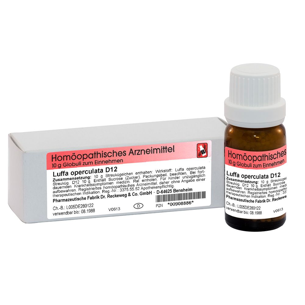 Homöopathisches Arzneimittel Luffa operculata D12 Globuli. Braune Glasflasche und Schachtel. Aufschrift.