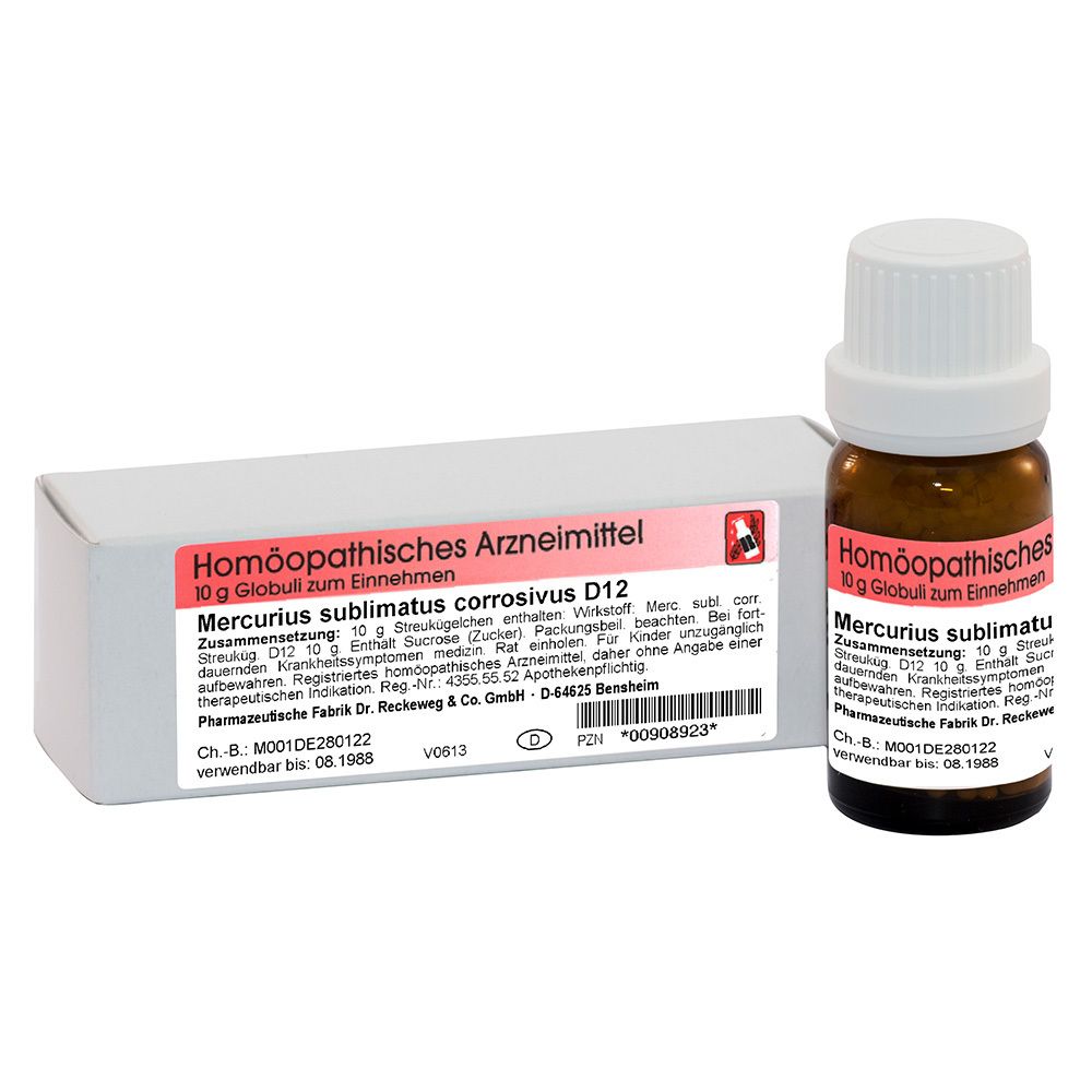 Braune Glasflasche mit weißem Deckel und Etikett. Daneben eine weiße Schachtel mit Produktinformationen.