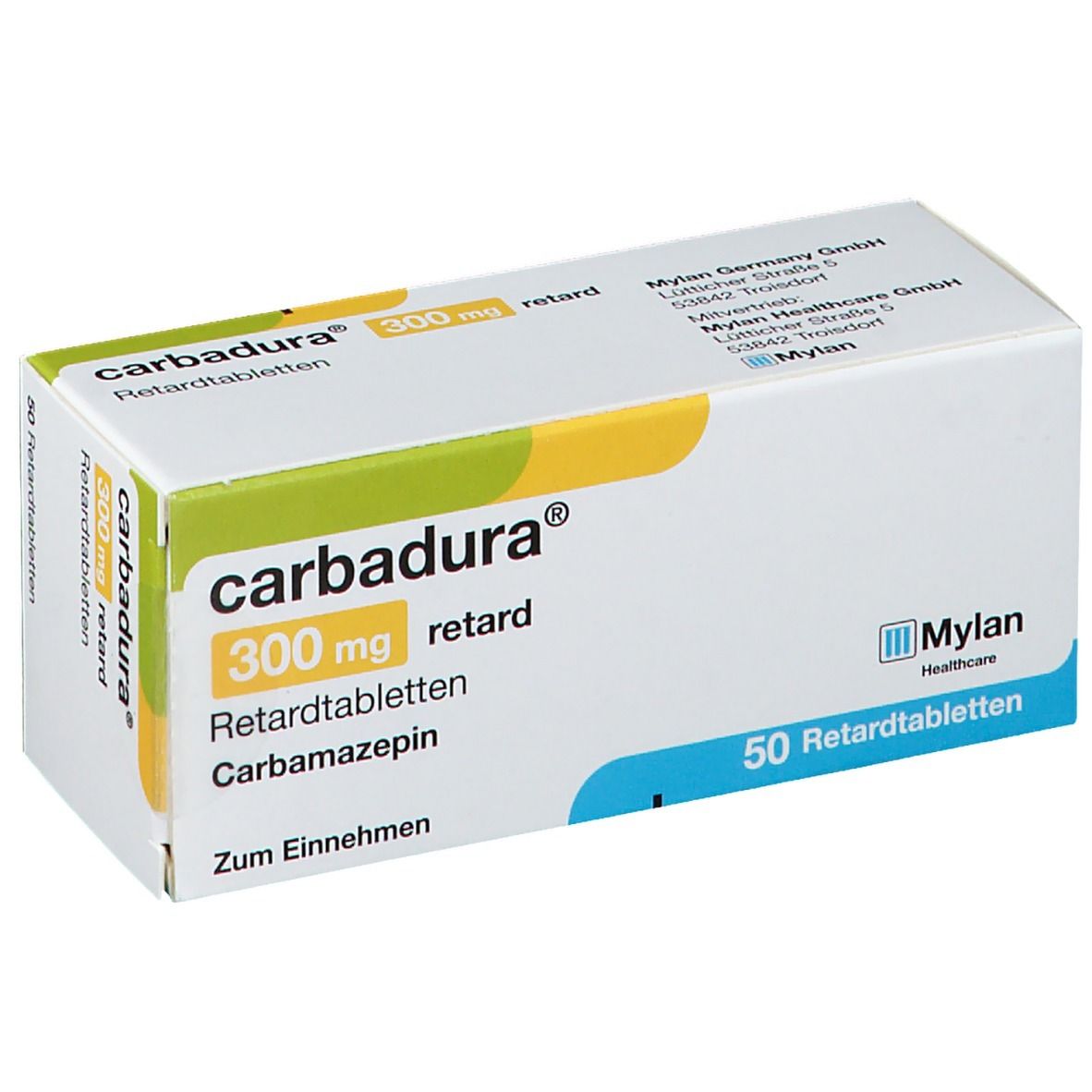 Carbadura® 300 mg retard Packung. Enthält 50 Retardtabletten. Aufschrift: Mylan Healthcare.