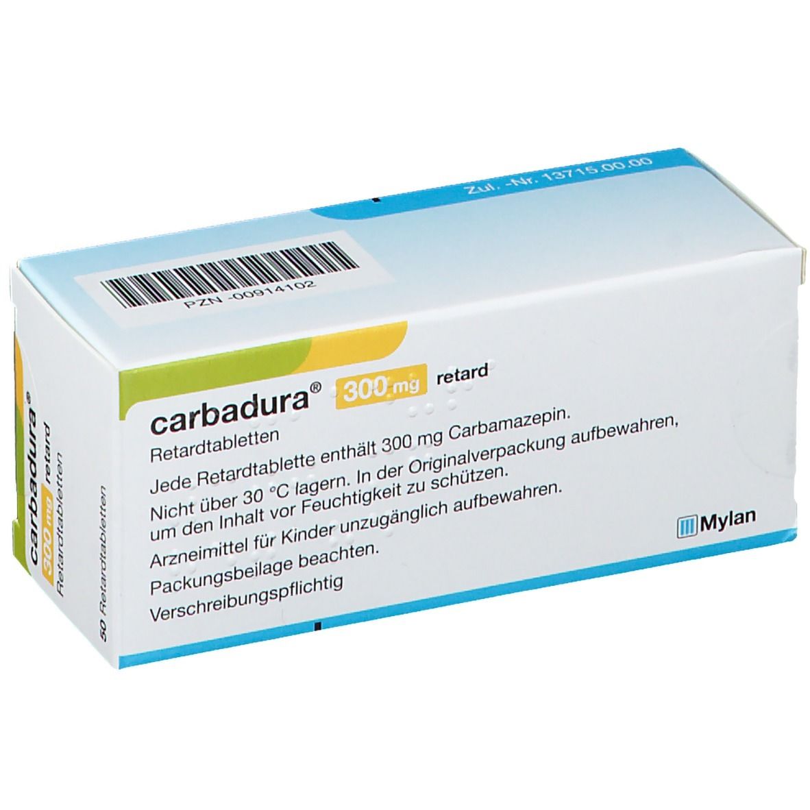 Carbadura® 300 mg retard Packung. Aufschrift: Mylan Healthcare. Enthält 50 Retardtabletten. Barcode.