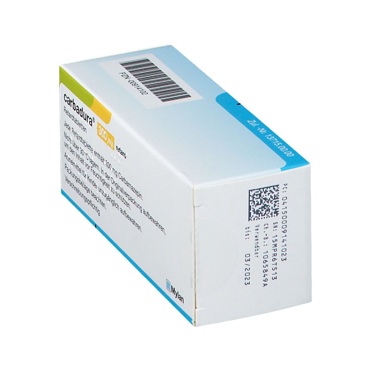 Schräg gestellte Carbadura® 300 mg retard Packung. Aufschrift: Mylan Healthcare. Barcode und Verfallsdatum.