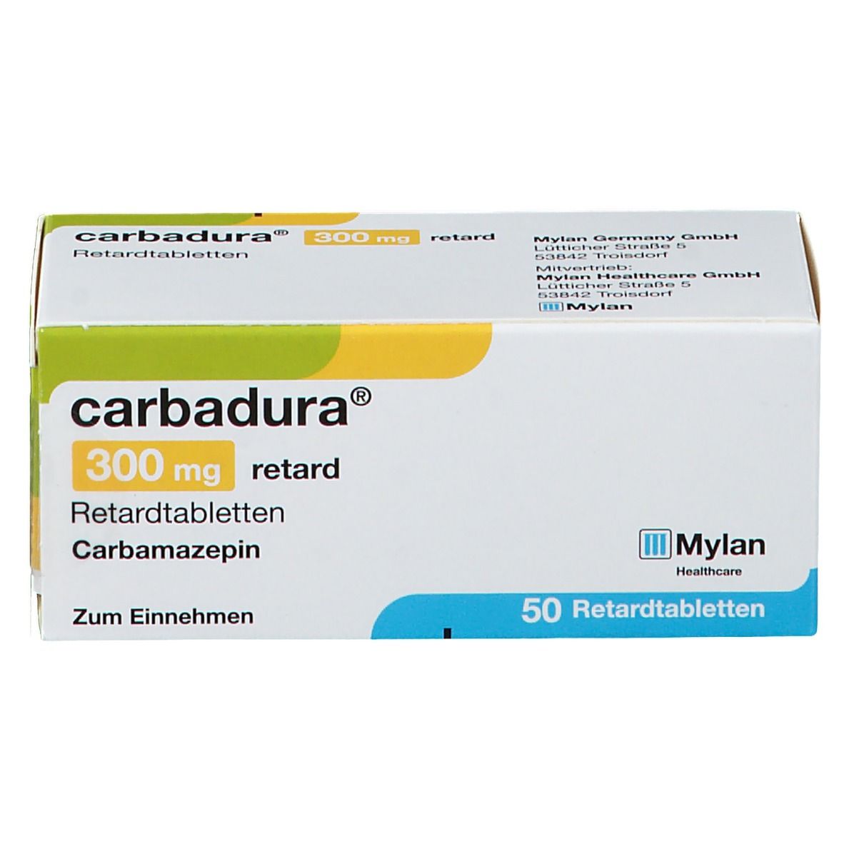 Carbadura® 300 mg retard Packung. Aufschrift: Mylan Healthcare. Enthält 50 Retardtabletten.