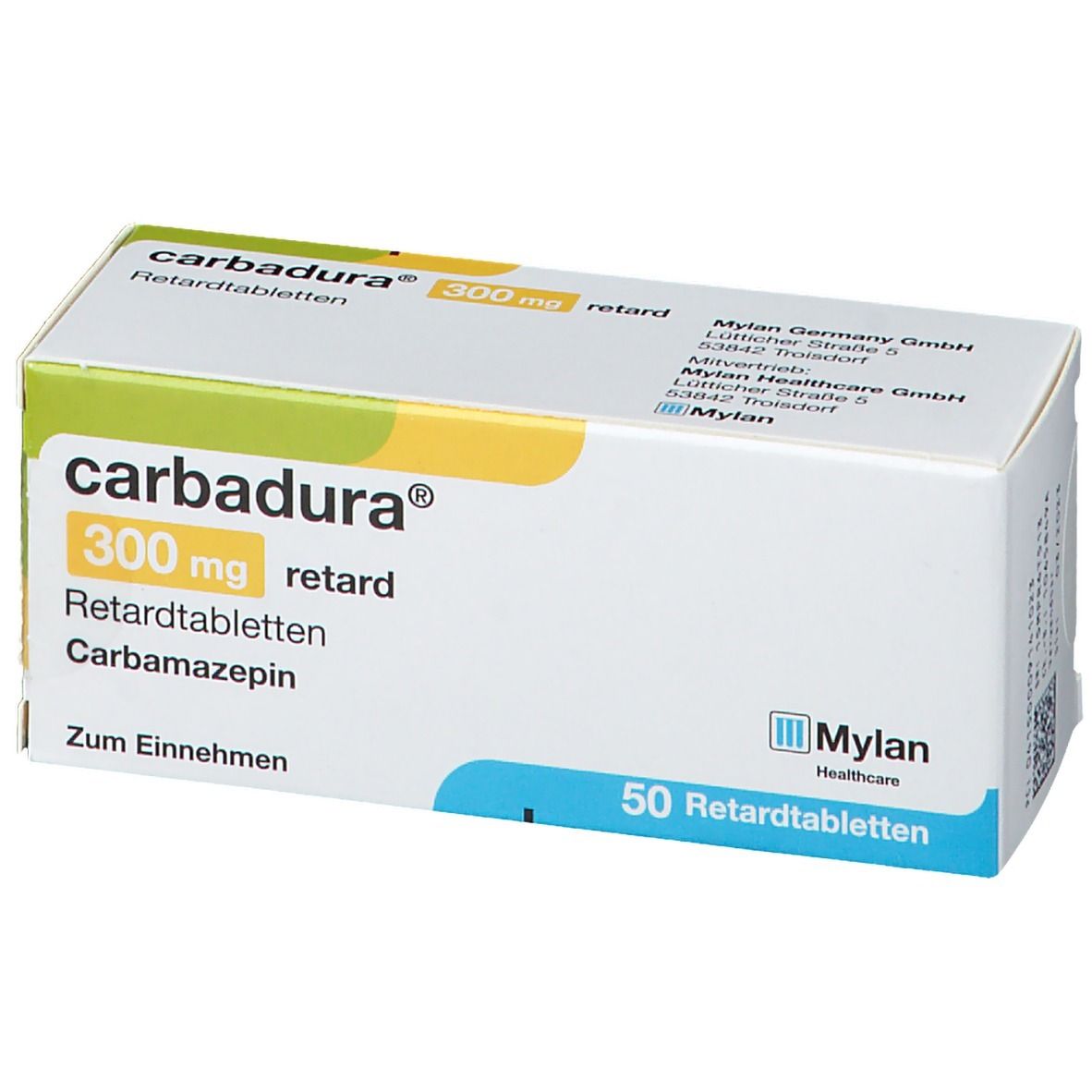 Carbadura® 300 mg retard Packung. Aufschrift: Mylan Healthcare. Enthält 50 Retardtabletten.