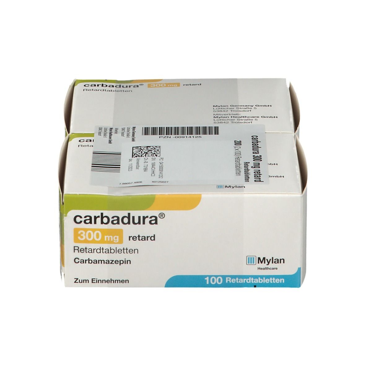 Zwei Kartons Carbadura® 300 mg retard. Aufschrift: 100 Retardtabletten, Carbamazepin. Mylan Healthcare.