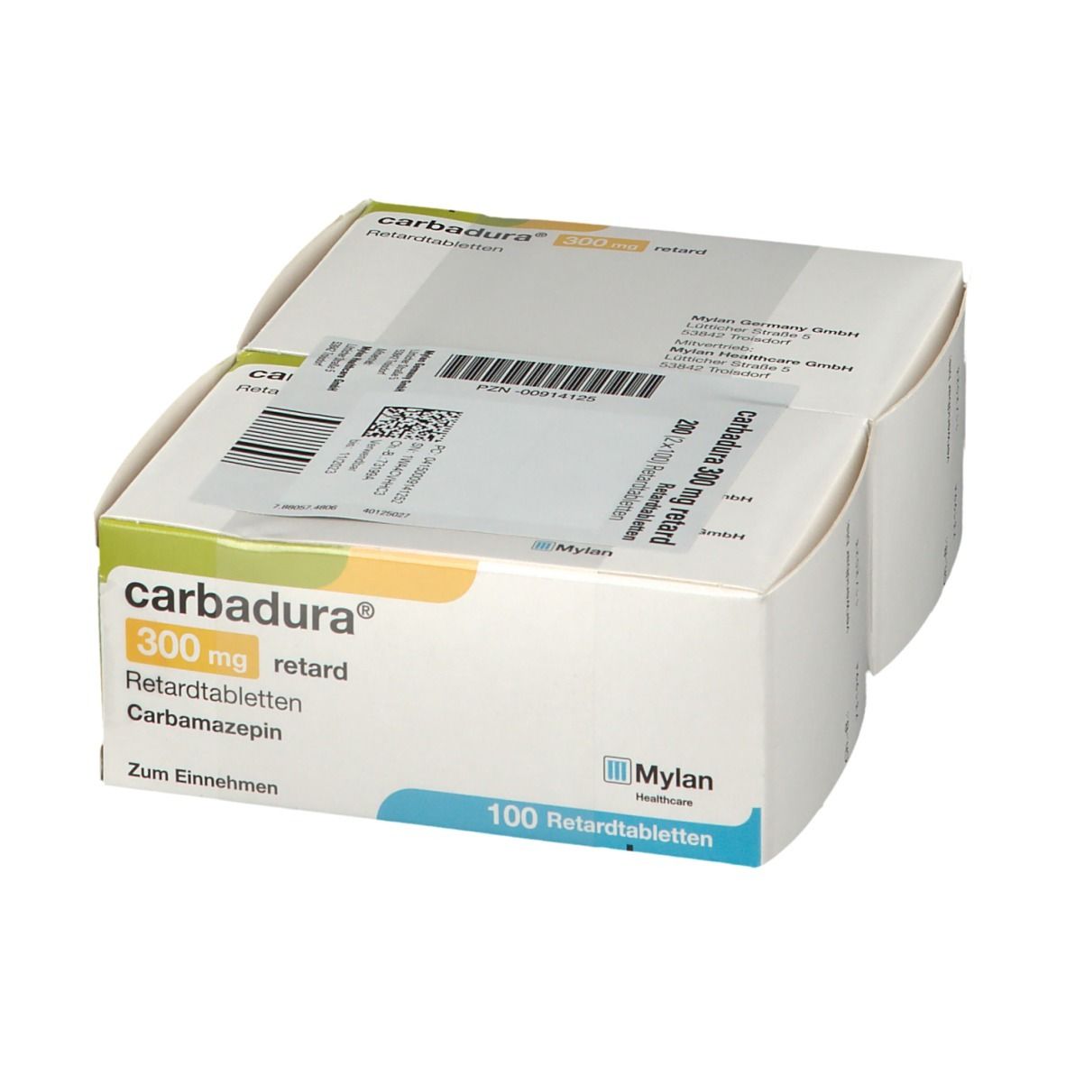 Zwei Kartons Carbadura® 300 mg retard. Aufschrift: 100 Retardtabletten, Carbamazepin. Mylan Healthcare.