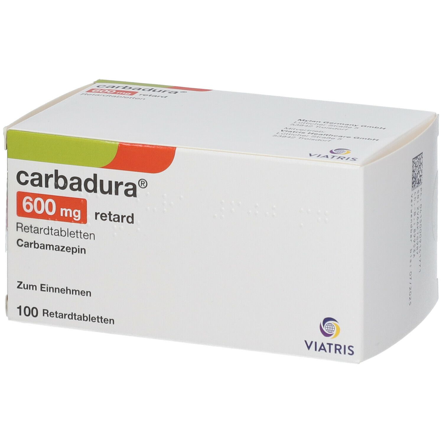Weiße Kartonverpackung mit Carbadura® 600 mg retard. Aufschrift: 100 Retardtabletten. Logo Viatris.