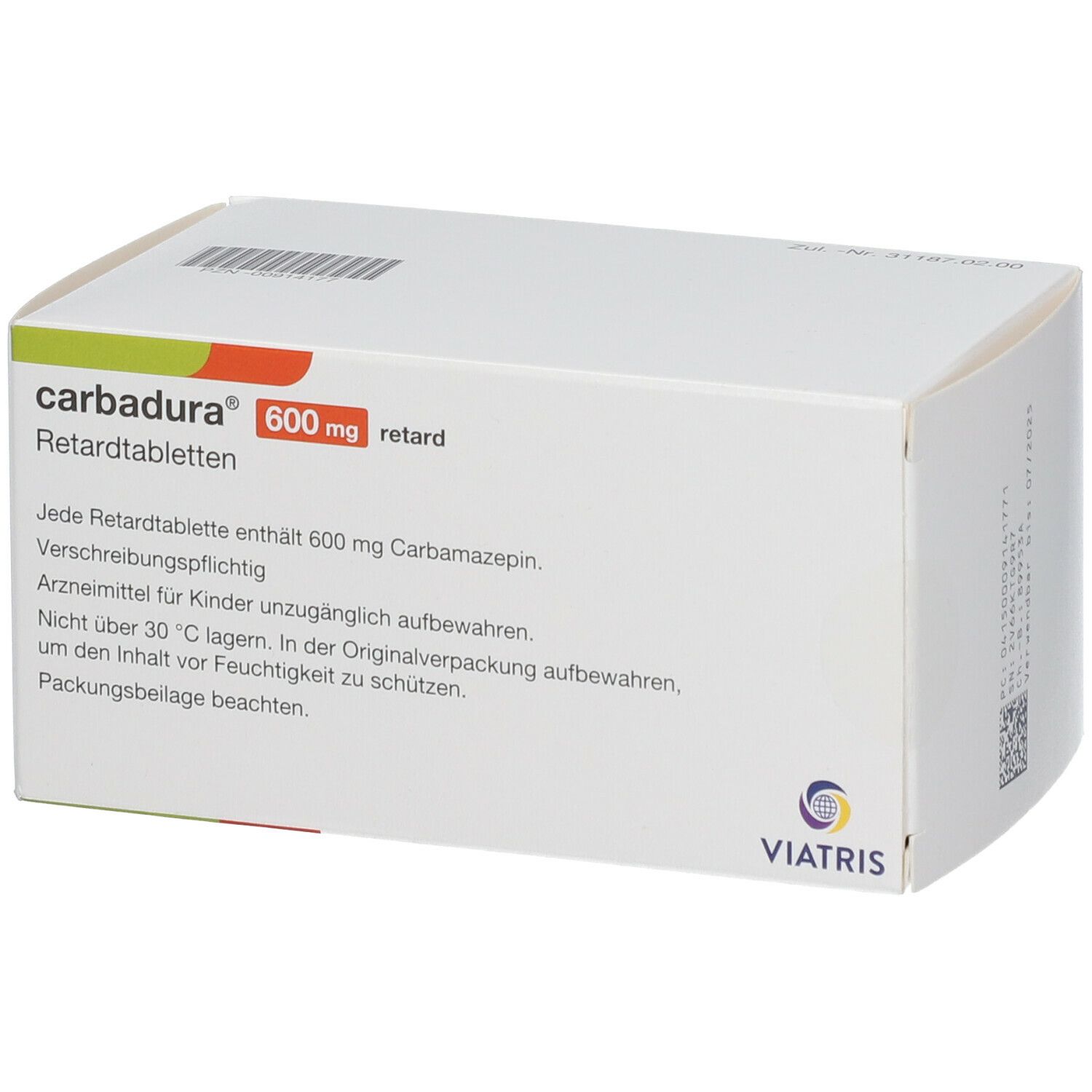 Weiße Kartonverpackung Carbadura® 600 mg retard. Text: Retardtabletten. Logo Viatris. Enthält 100 Tabletten.