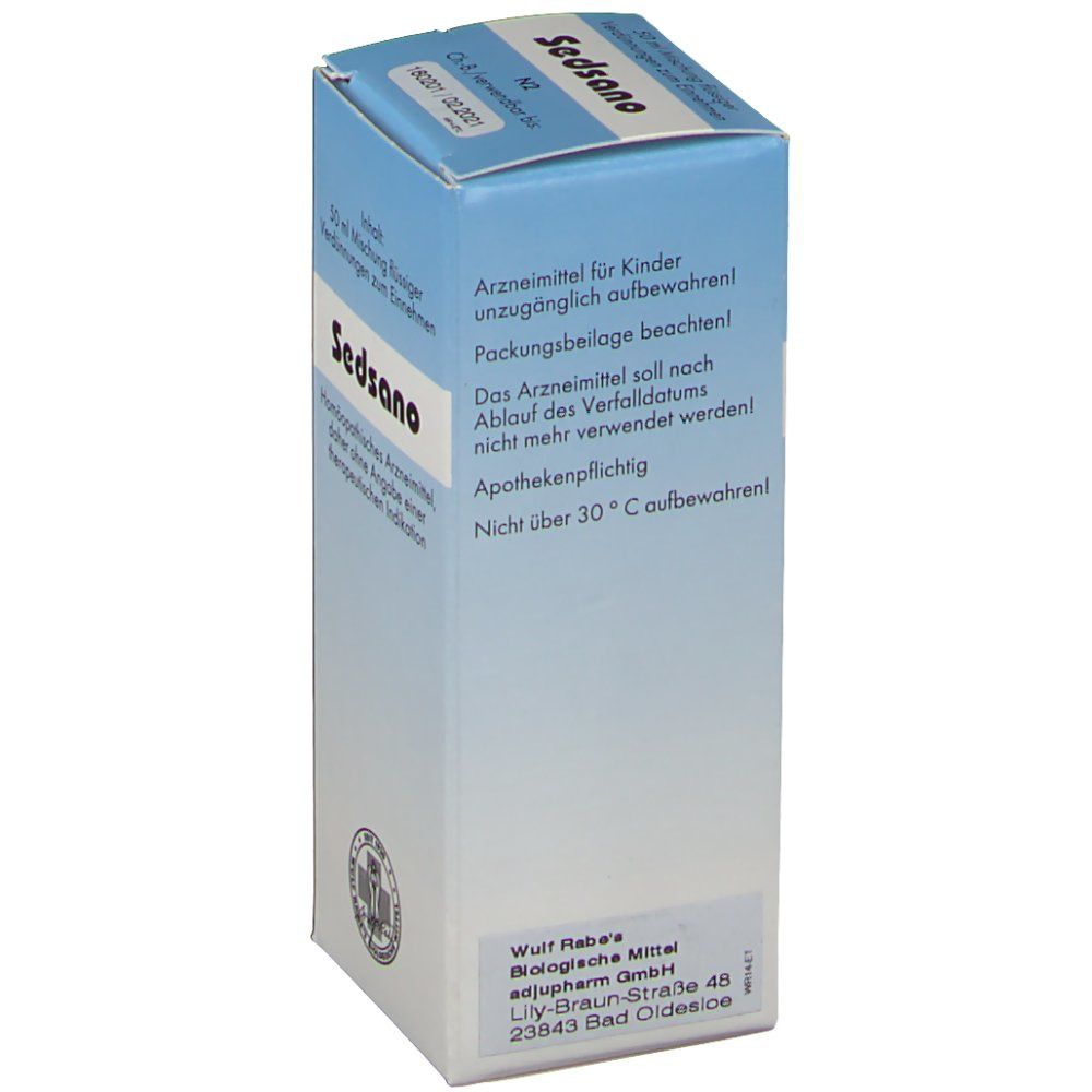 Rückseite der hellblauen Schachtel mit Text. Apothekenpflichtig. Nicht über 30°C lagern.