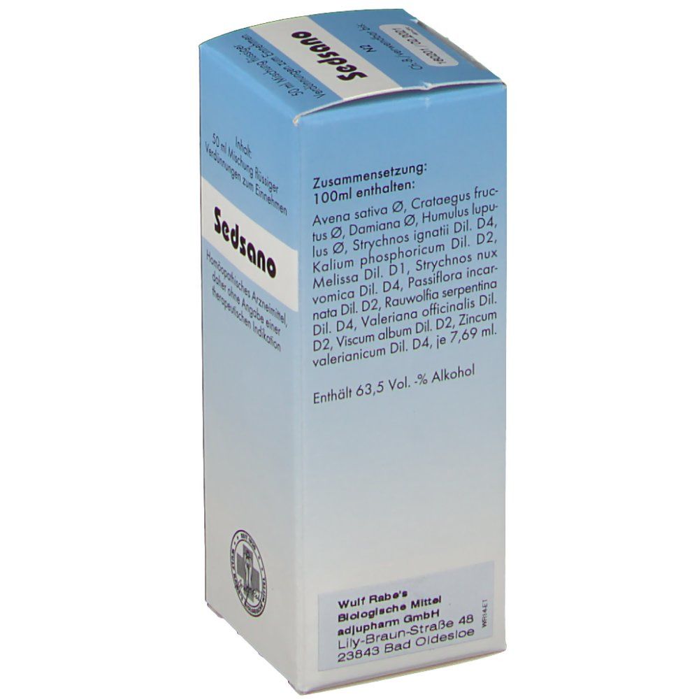 Hellblaue Schachtel mit Text. Zusammensetzung: Inhaltsstoffe. Enthält 63,5 Vol.-% Alkohol.
