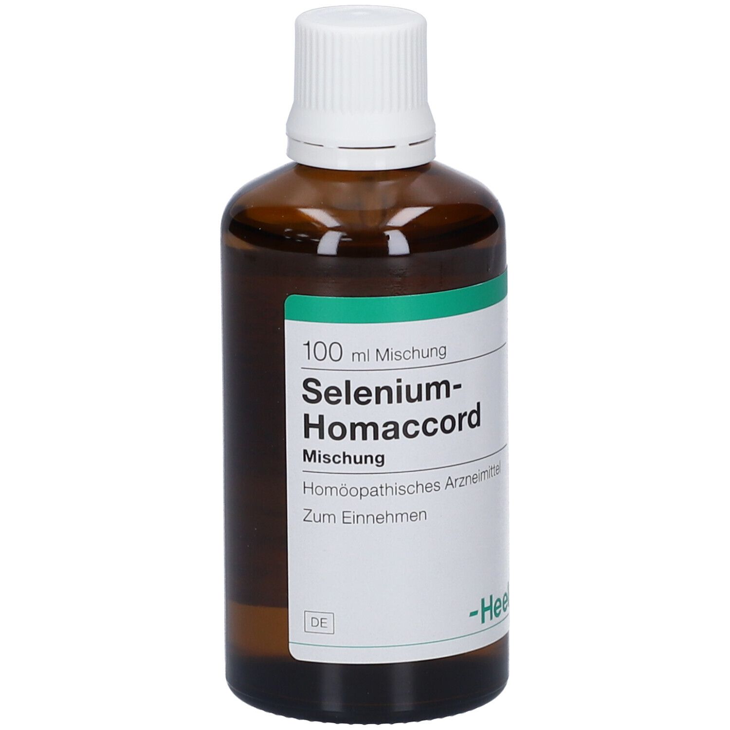 Braune Glasflasche mit weißem Deckel. Etikett mit Produktnamen: Selenium-Homaccord Mischung. Marke: Heel.