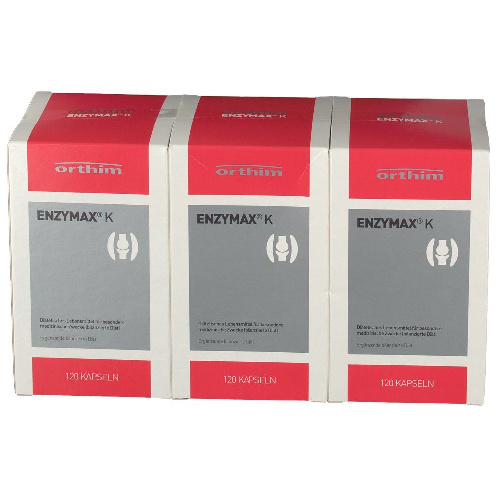 Drei Schachteln Enzymax® K. Auf jeder Schachtel steht der Name und die Inhaltsstoffe. 120 Kapseln.