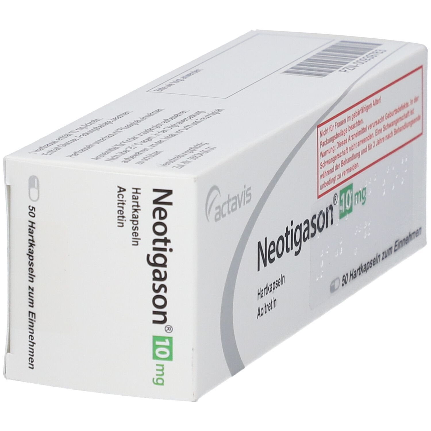 Schachtel "Neotigason 10 mg" in Schrägansicht. Actavis-Logo. Enthält 50 Hartkapseln. Text und Barcode.