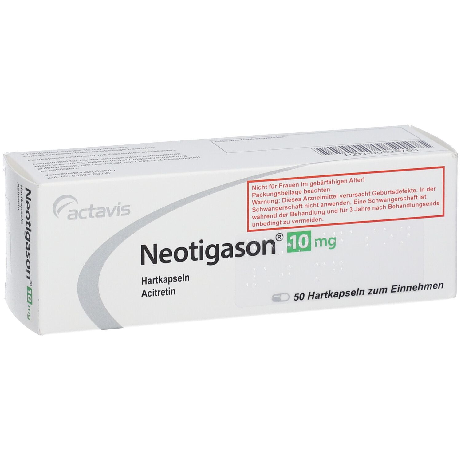 Weiße Schachtel "Neotigason 10 mg". Actavis-Logo. Enthält 50 Hartkapseln. Warnhinweise.