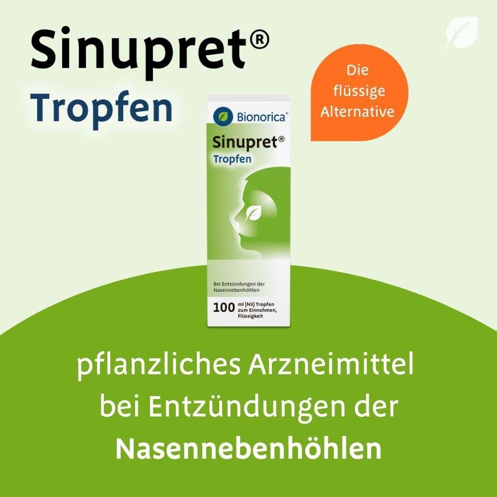 Werbung für Sinupret® Tropfen. Flasche auf grünem Hintergrund. Text: pflanzliches Arzneimittel bei Nasennebenhöhlenentzündung.