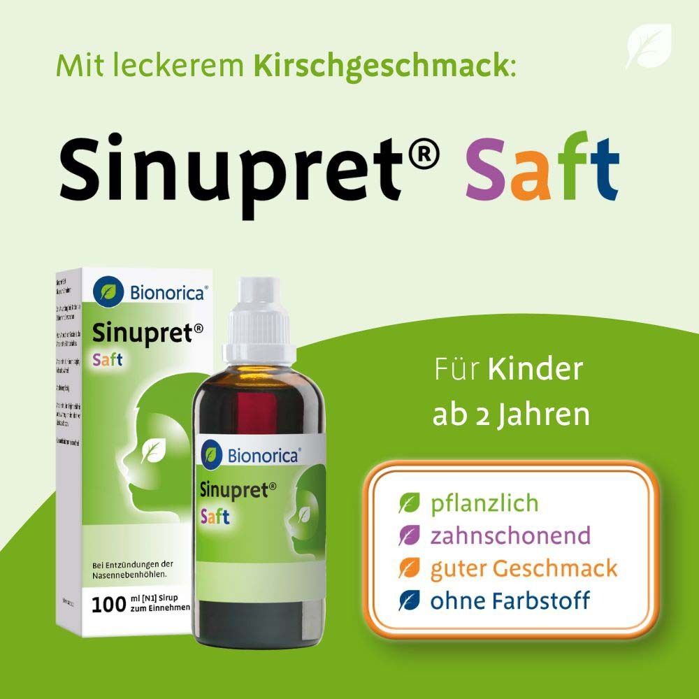 Werbung für Sinupret® Saft. Flasche und Schachtel. Text: Für Kinder ab 2 Jahren.
