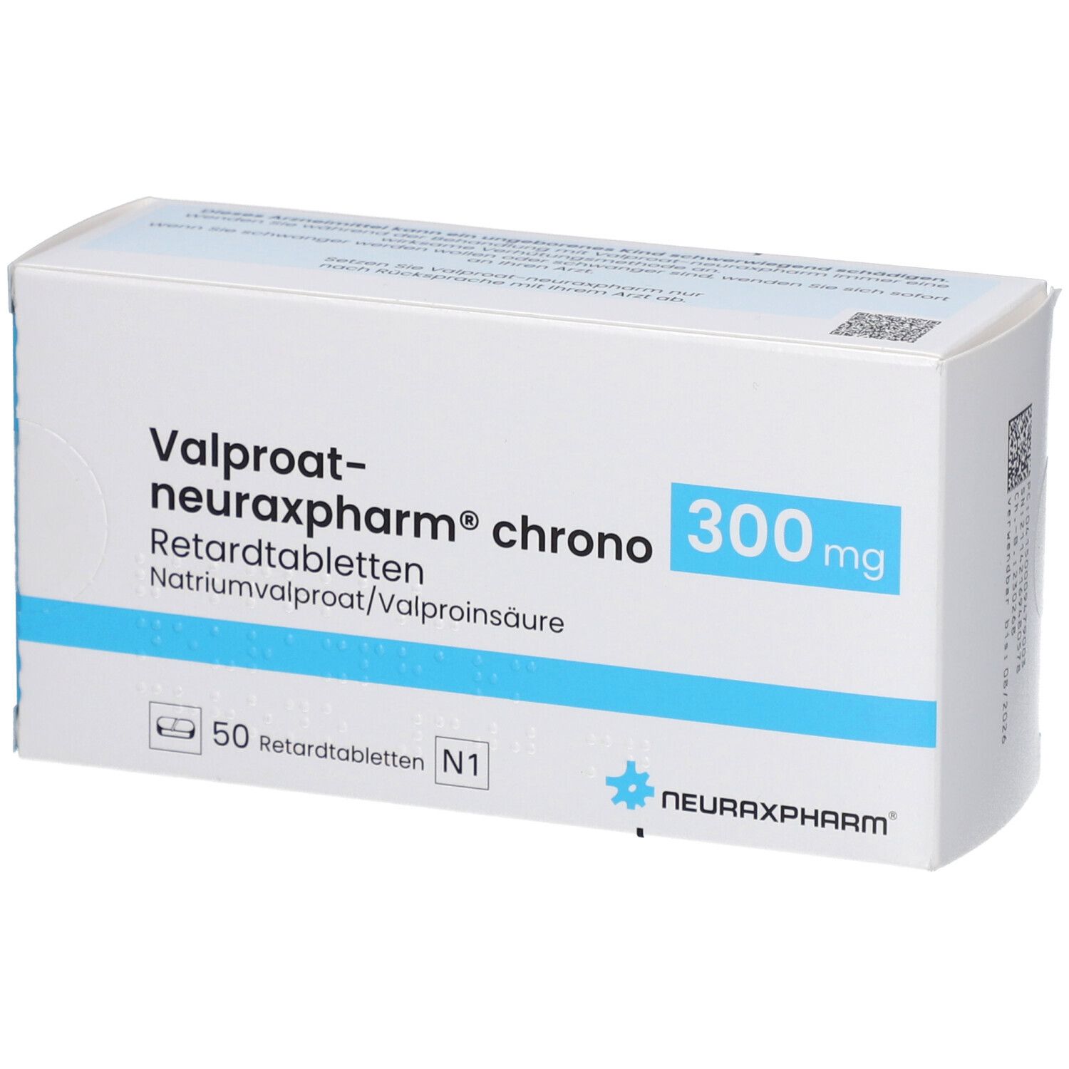 Schachtel mit Tabletten. Aufschrift: Valproat-neuraxpharm chrono 300 mg. 50 Retardtabletten. Marke neuraxpharm.