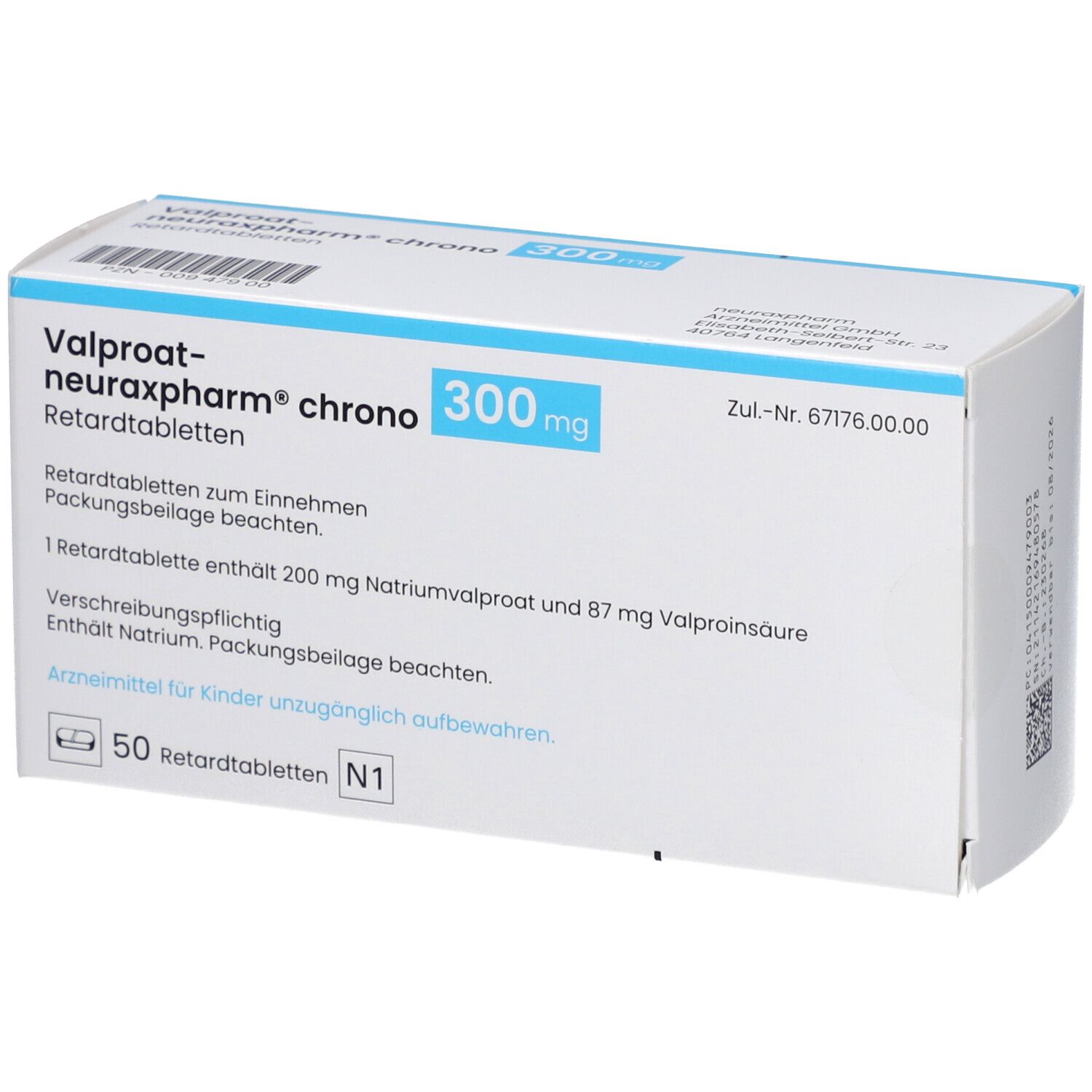 Schachtel mit Tabletten. Aufschrift: Valproat-neuraxpharm chrono 300 mg. 50 Retardtabletten. Zusätzliche Informationen.