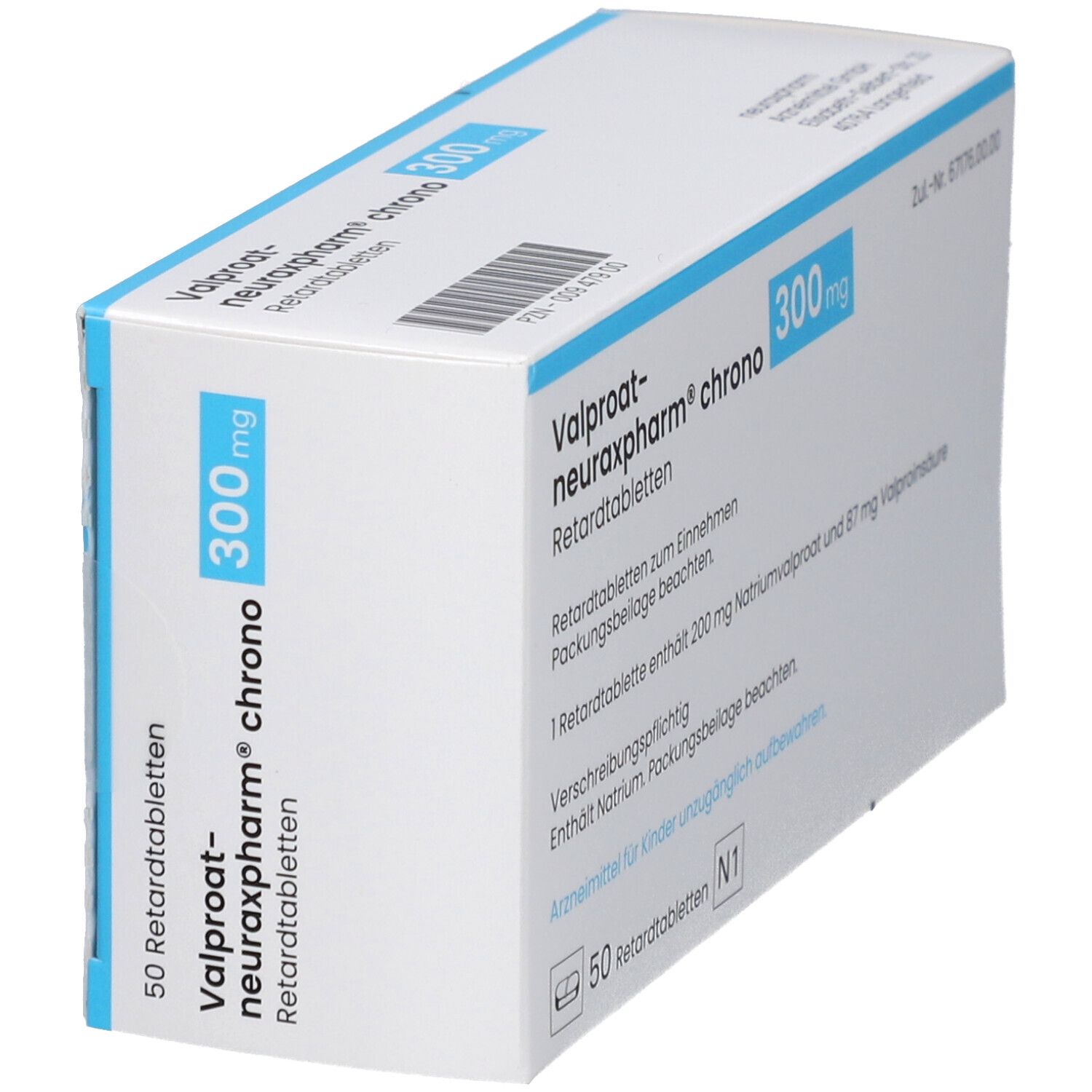 Schachtel mit Tabletten, schräg. Aufschrift: Valproat-neuraxpharm chrono 300 mg. 50 Retardtabletten. Zusätzliche Informationen.