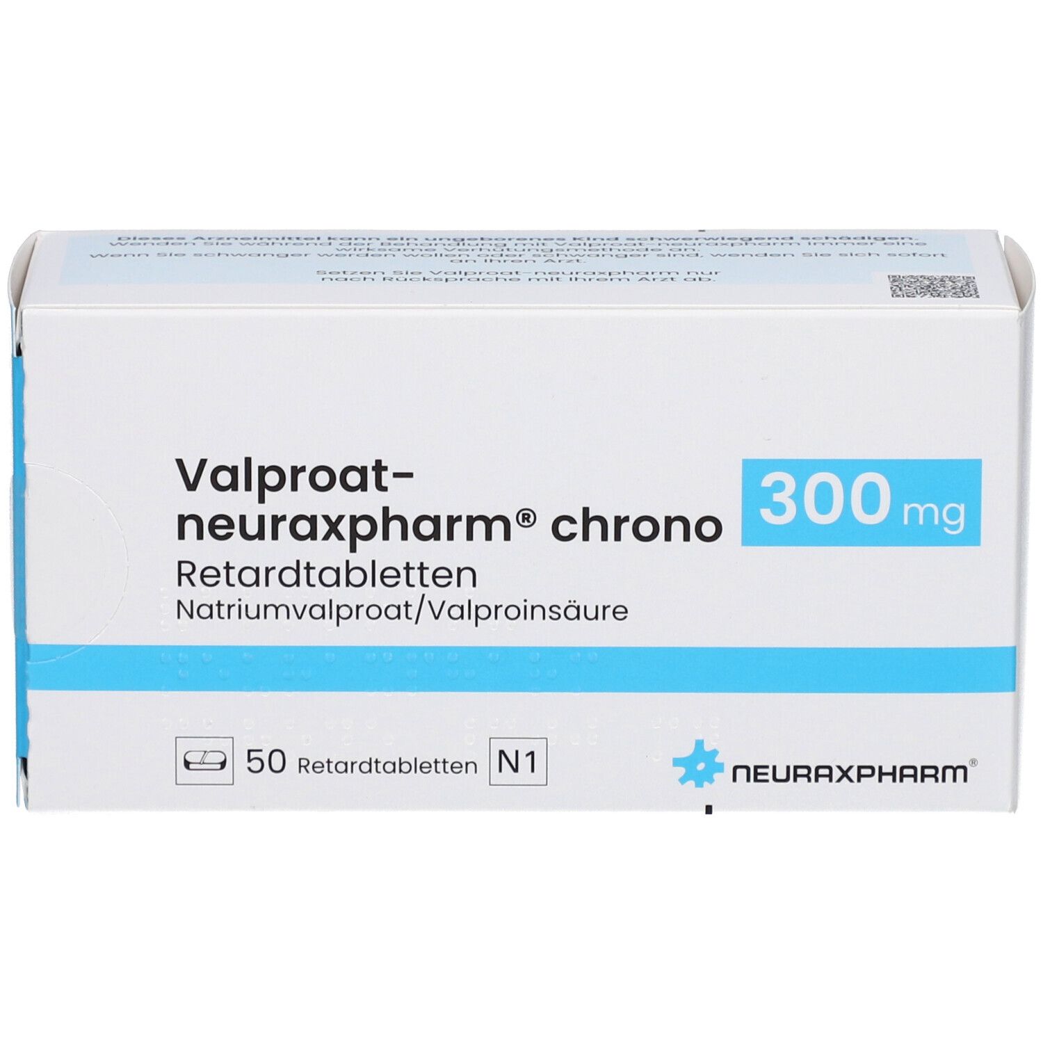 Schachtel mit Tabletten. Aufschrift: Valproat-neuraxpharm chrono 300 mg. 50 Retardtabletten. Marke neuraxpharm.