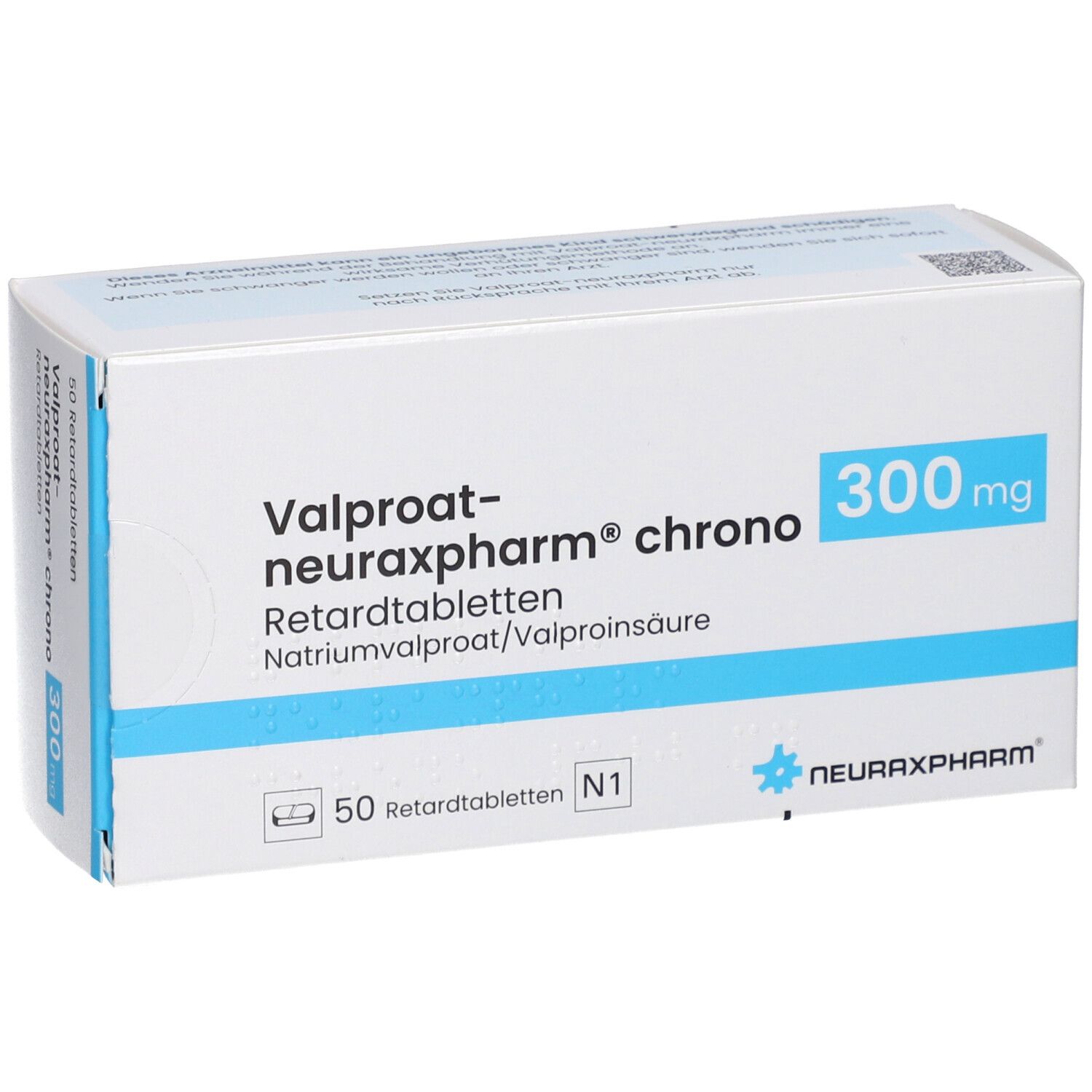 Schachtel mit Tabletten. Aufschrift: Valproat-neuraxpharm chrono 300 mg. 50 Retardtabletten. Marke neuraxpharm.