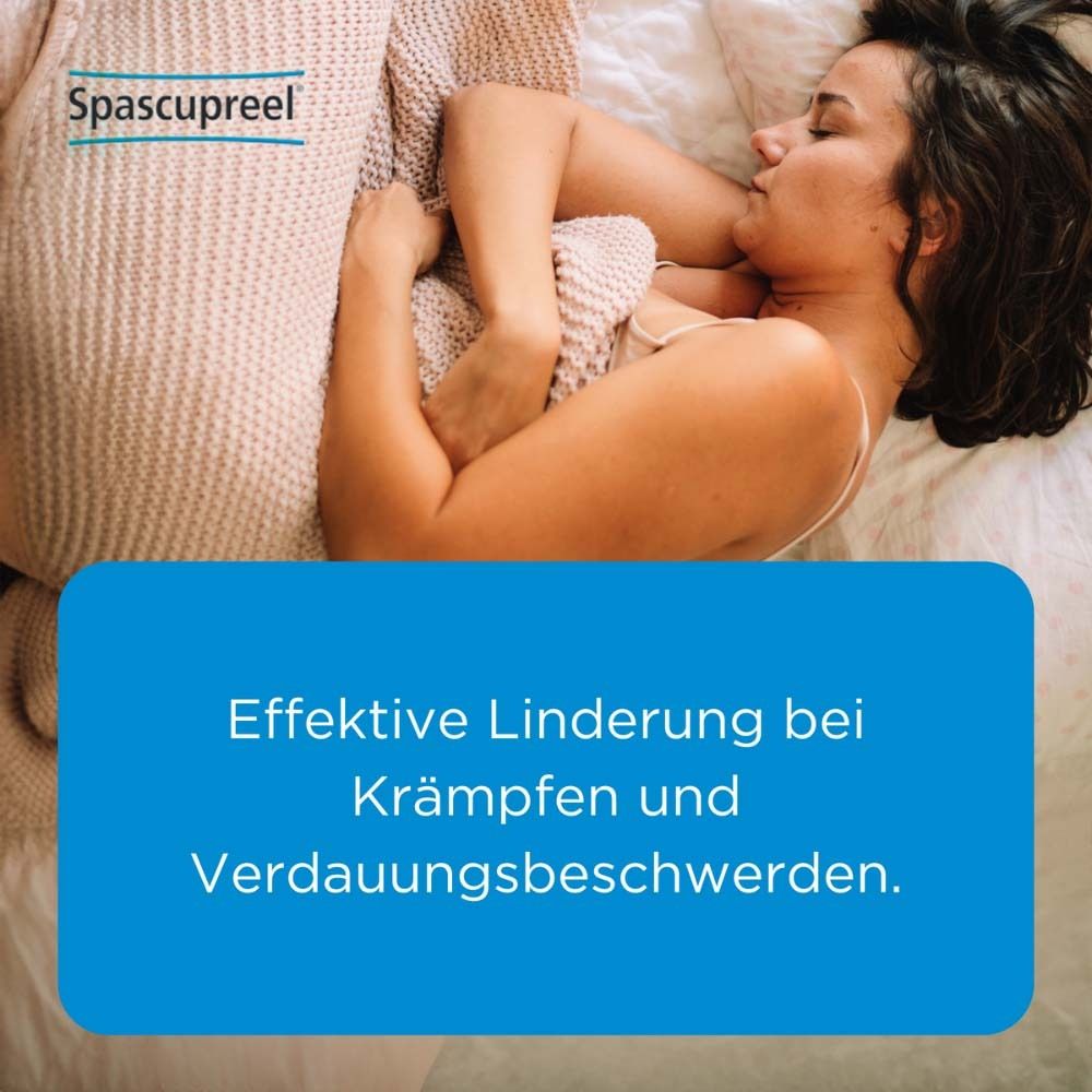 Text auf blauem Feld: Effektive Linderung bei Krämpfen und Verdauungsbeschwerden.