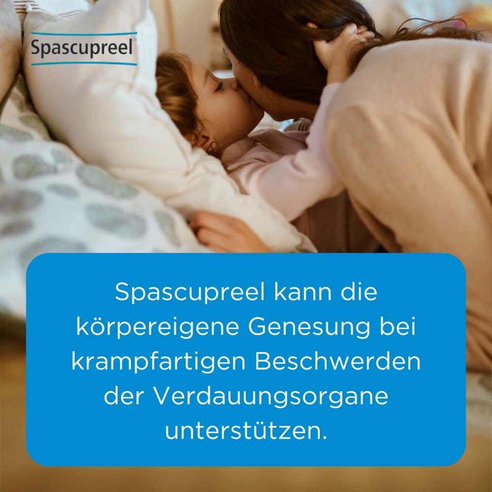 Text auf blauem Feld: Spascupreel kann die körpereigene Genesung bei krampfartigen Beschwerden der Verdauungsorgane unterstützen.