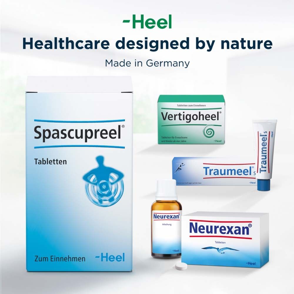 Verschiedene Produkte der Marke -Heel: Spascupreel Tabletten, Vertigoheel, Traumeel, Neurexan.
