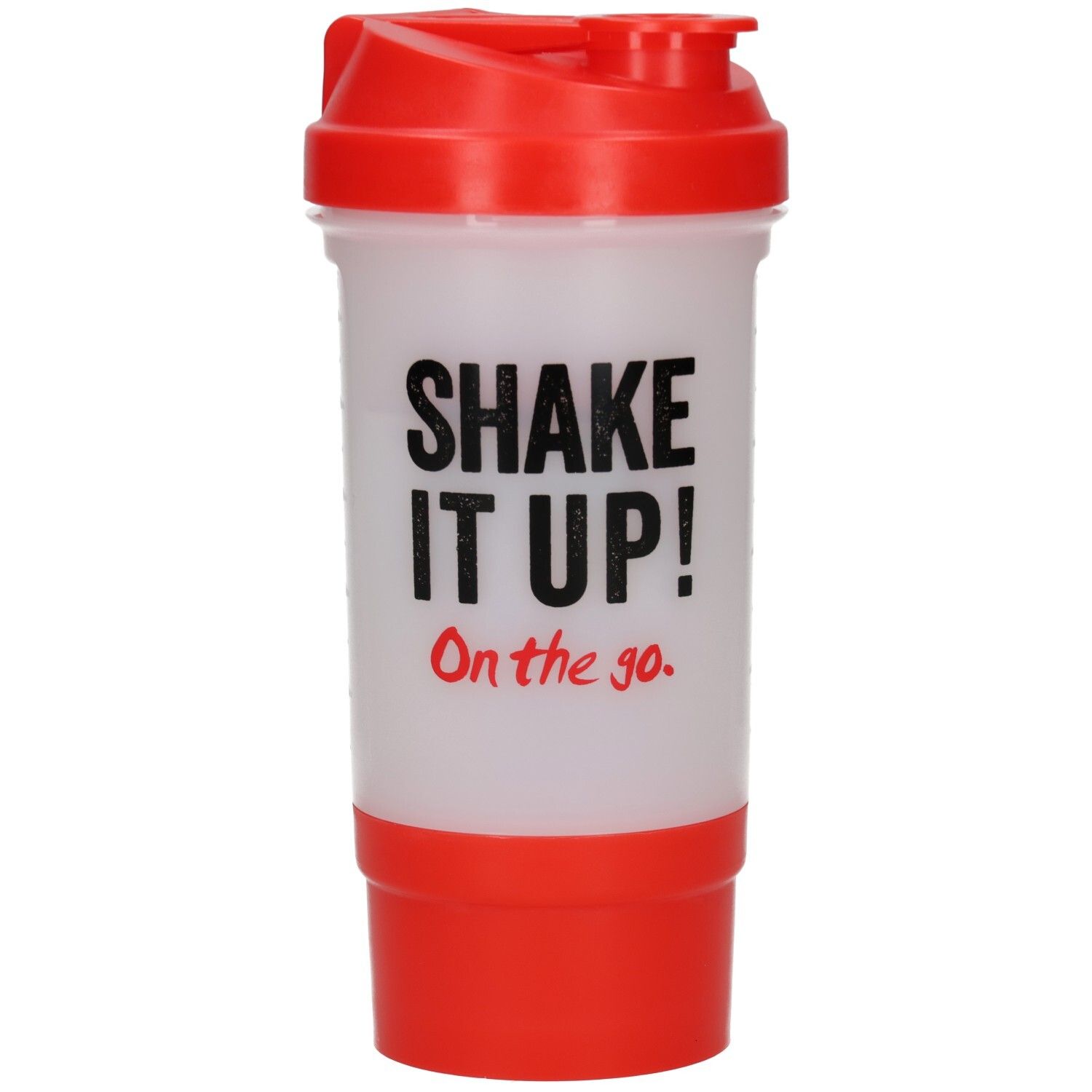 Mixbecher mit rotem Deckel und rotem Boden. Aufdruck: Shake it up! On the go.