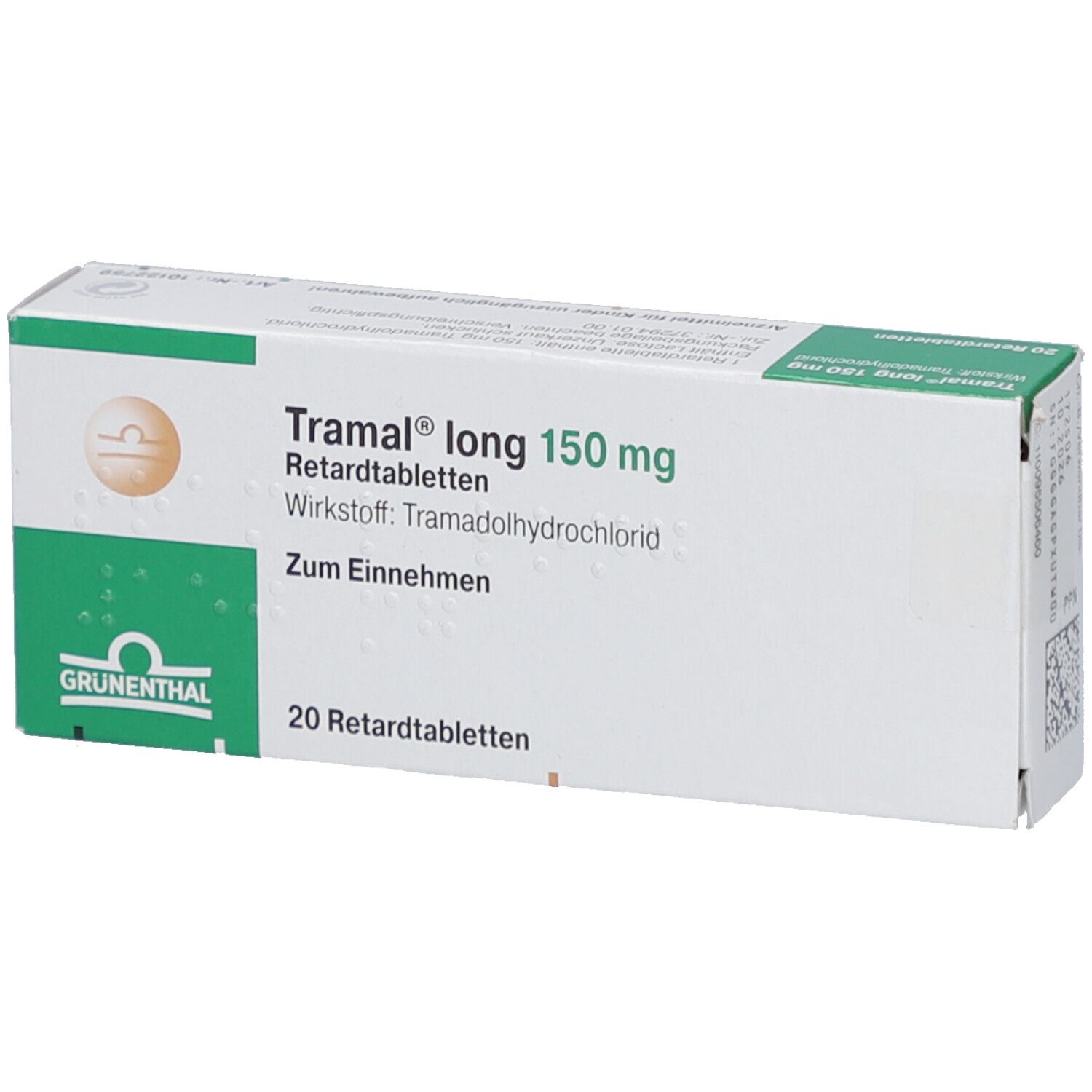 Schachtel mit "Tramal long 150 mg Retardtabl". Grün-weiße Verpackung mit Produktinformationen und Logo.