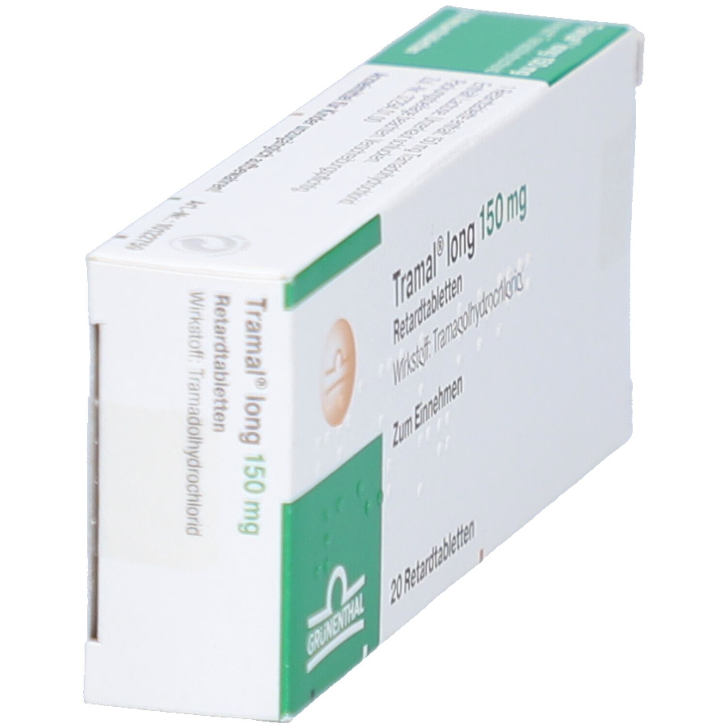Schachtel "Tramal long 150 mg Retardtabl" in Schrägansicht. Grün-weiße Verpackung mit Produktinformationen.