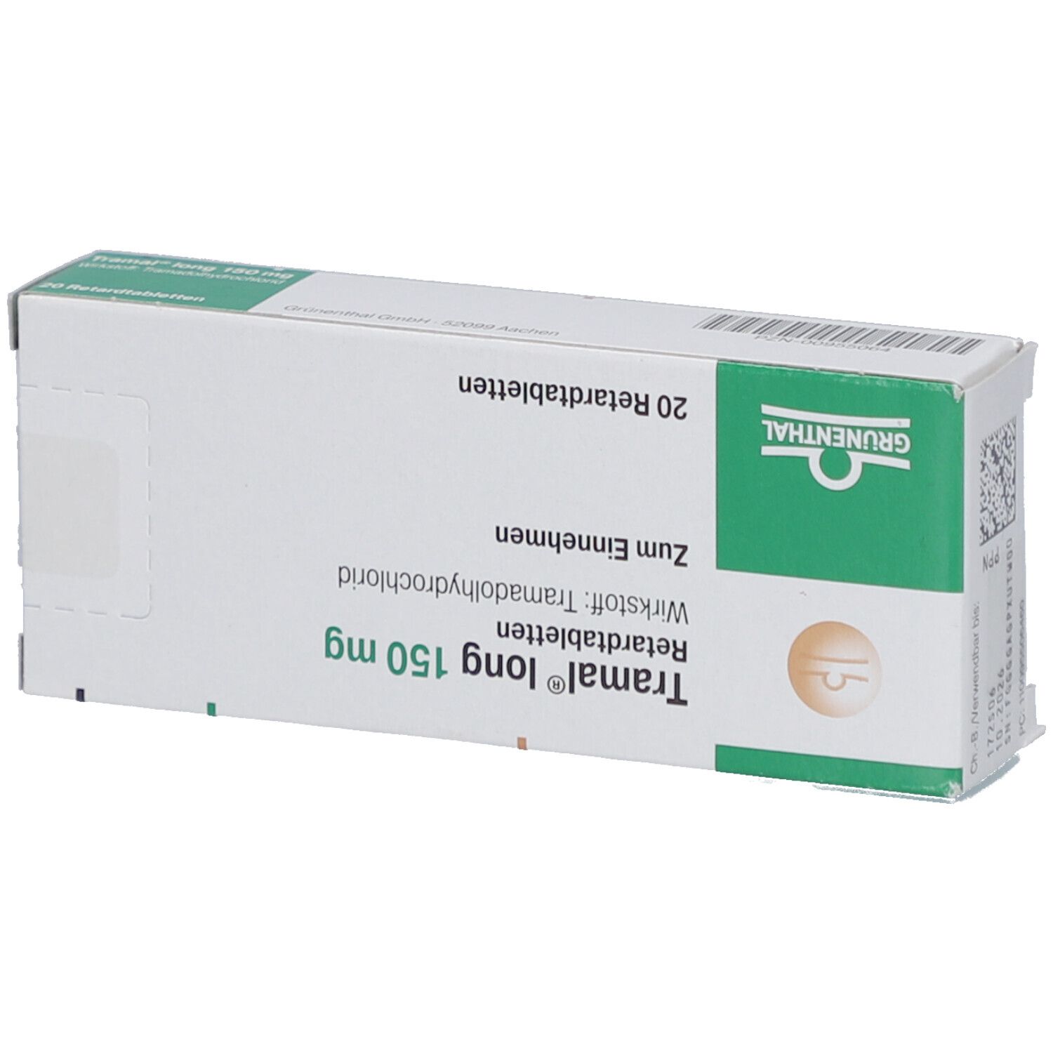 Schachtel "Tramal long 150 mg Retardtabl". Grün-weiße Verpackung mit Produktinformationen und Logo.