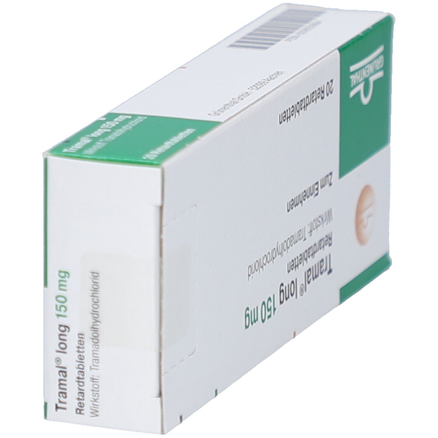 Schachtel "Tramal long 150 mg Retardtabl" in Schrägansicht. Grün-weiße Verpackung mit Produktinformationen.