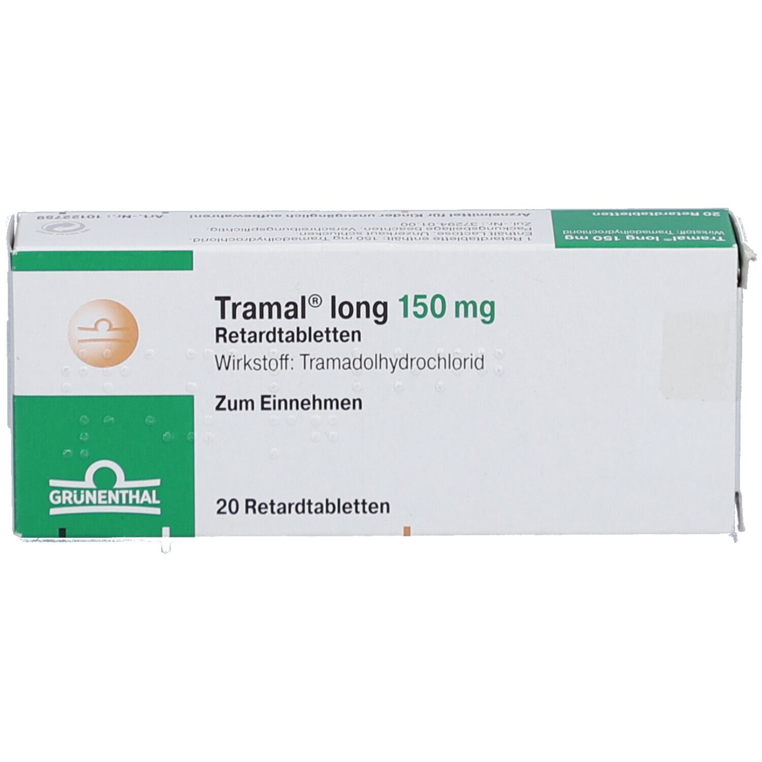 Schachtel "Tramal long 150 mg Retardtabl". Grün-weiße Verpackung mit Produktinformationen und Logo.