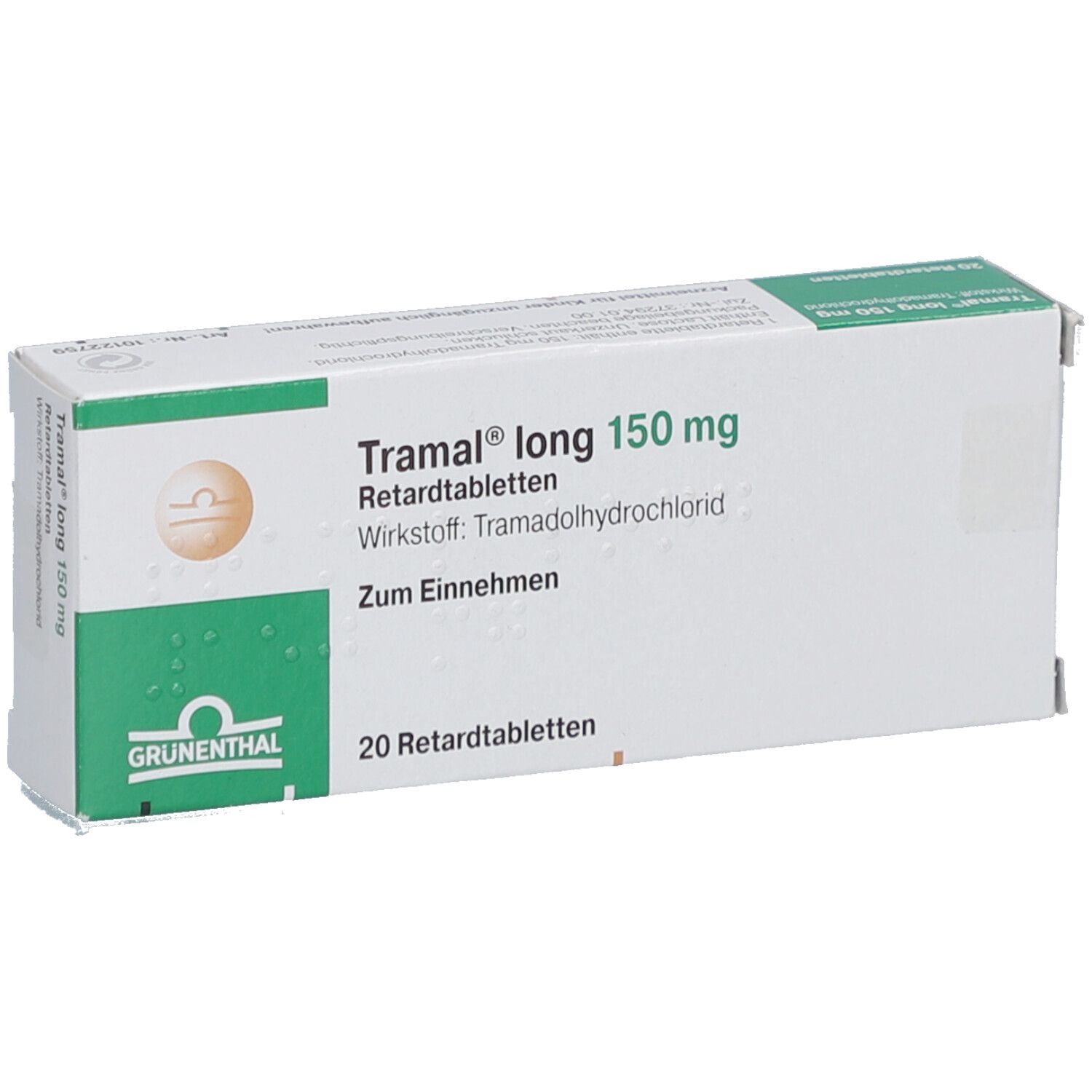 Schachtel "Tramal long 150 mg Retardtabl". Grün-weiße Verpackung mit Produktinformationen und Logo.