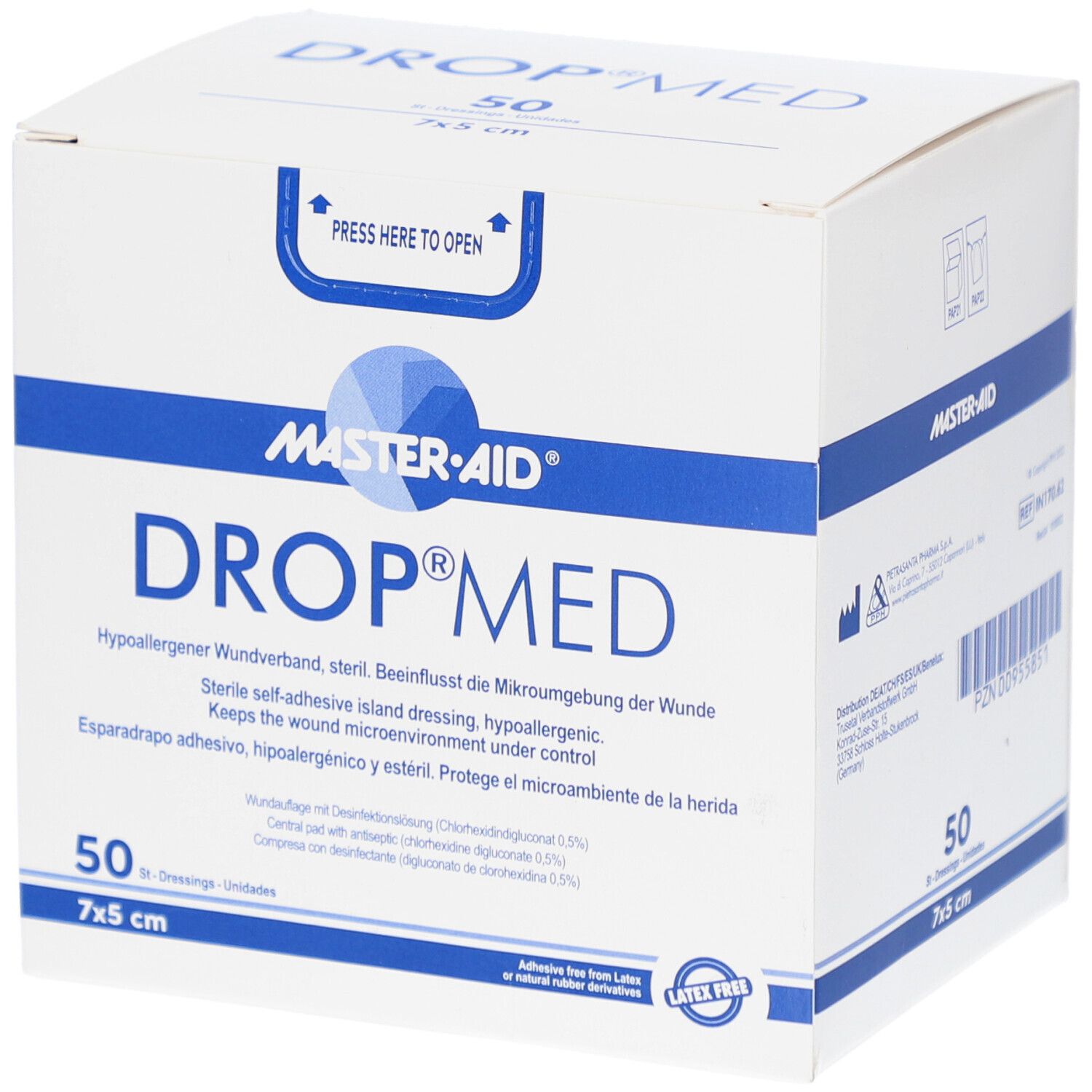 Verpackung von DROP MED Wundverband. 50 Stück, 7x5 cm. Marke MASTER-AID. Hypoallergen, steril.