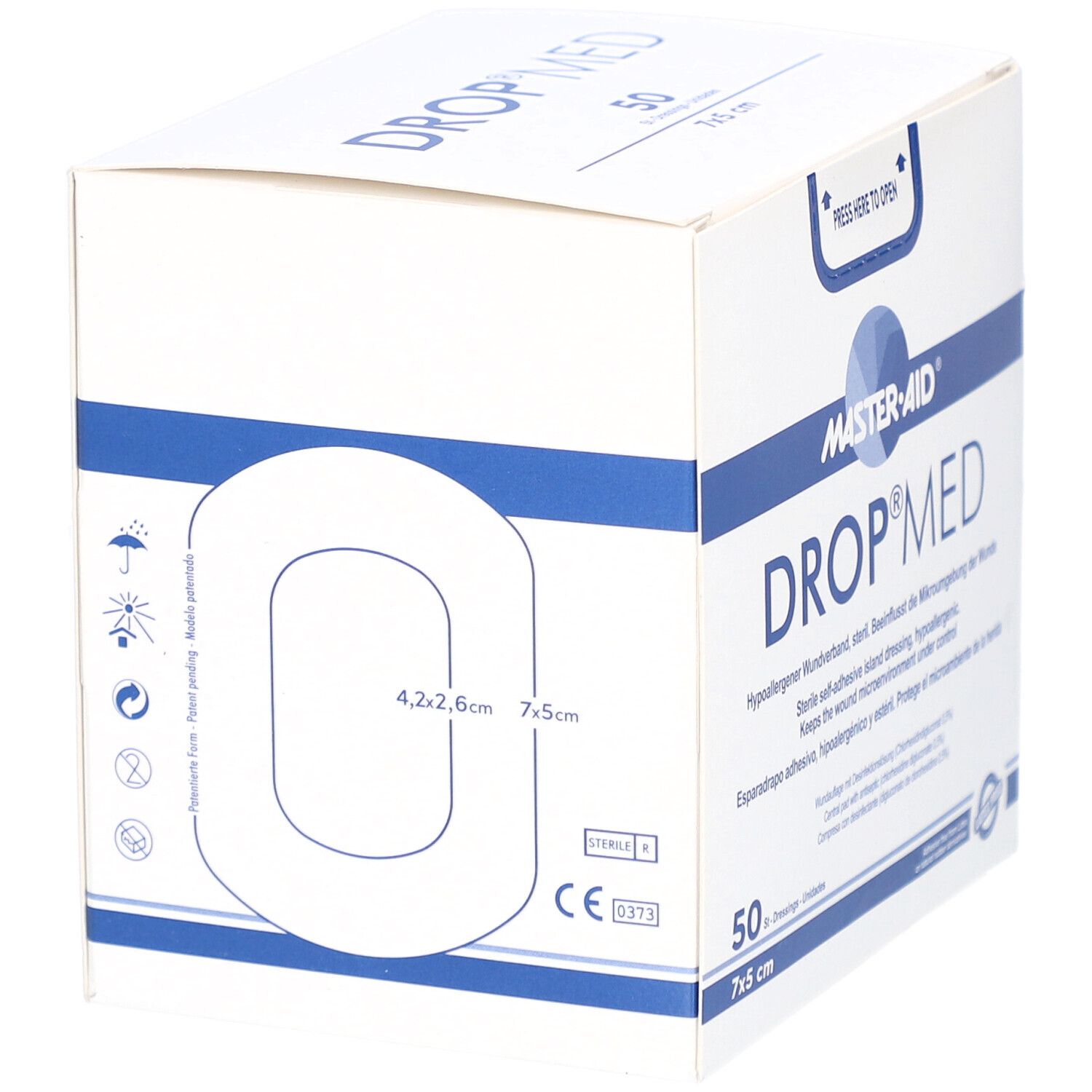 Verpackung von DROP MED Wundverband. 50 Stück, 7x5 cm. Einzelverband gezeigt. Größe 4,2x2,6 cm.