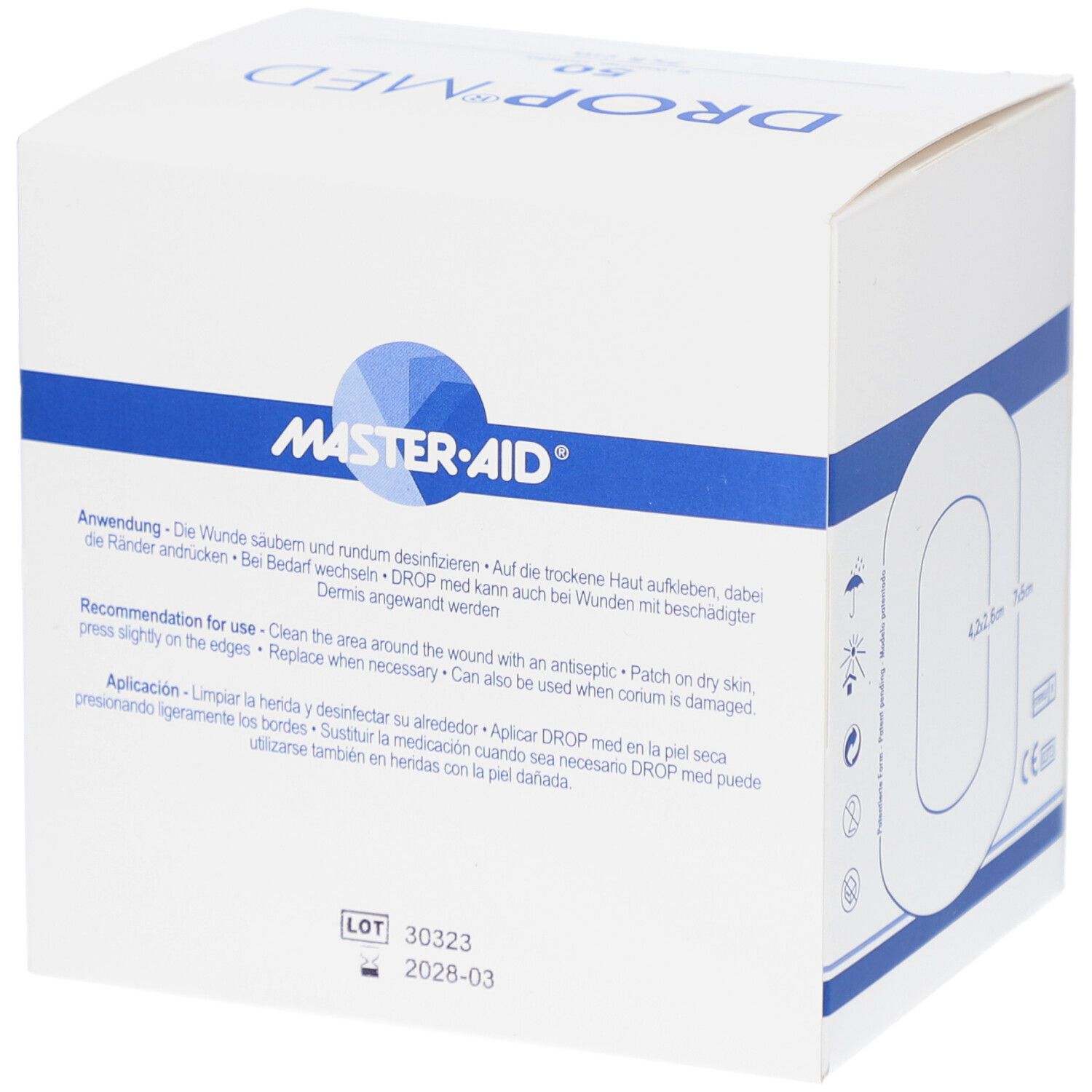 Rückseite der DROP MED Verpackung. Anwendungshinweise in Deutsch, Englisch und Spanisch. LOT-Nummer.