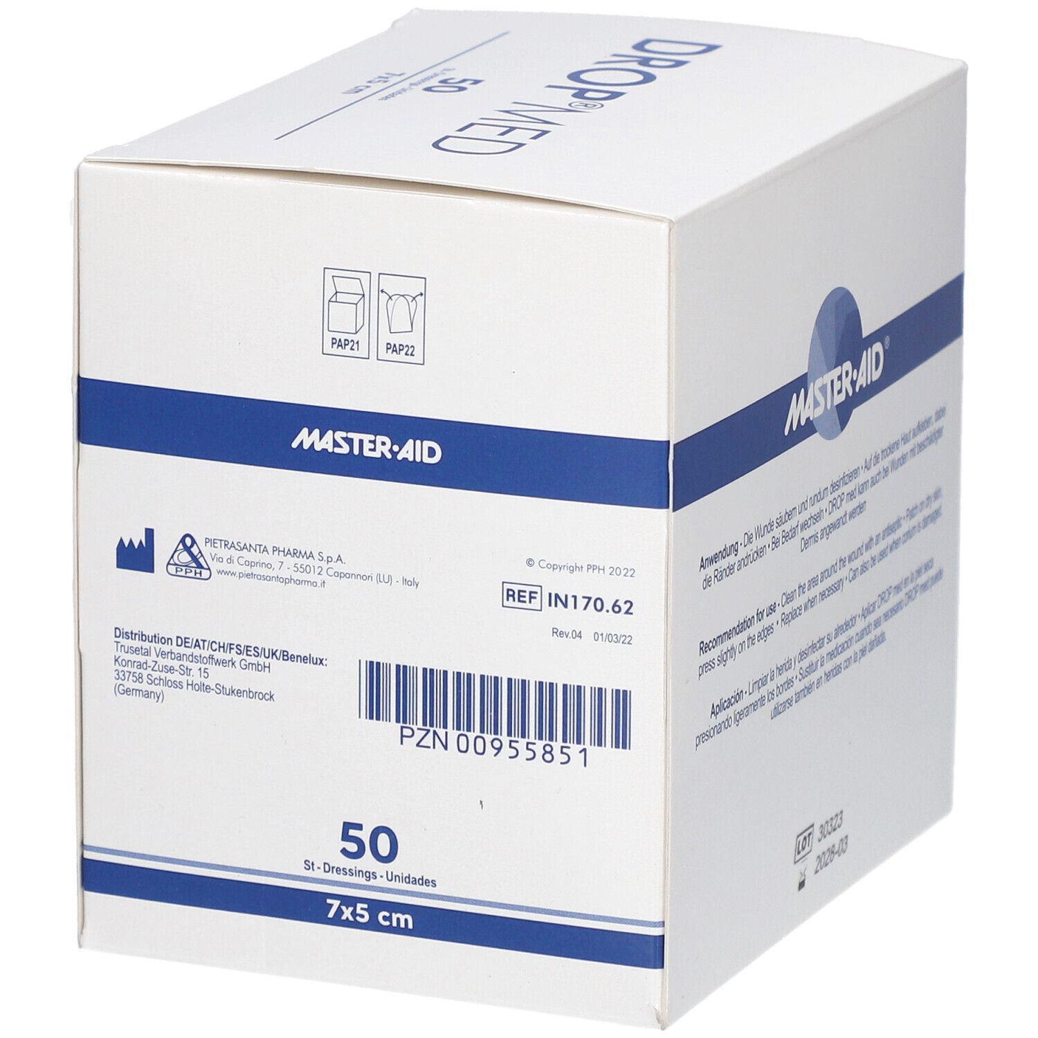 Verpackung von DROP MED Wundverband. 50 Stück, 7x5 cm. Herstellerinformationen und Barcode.