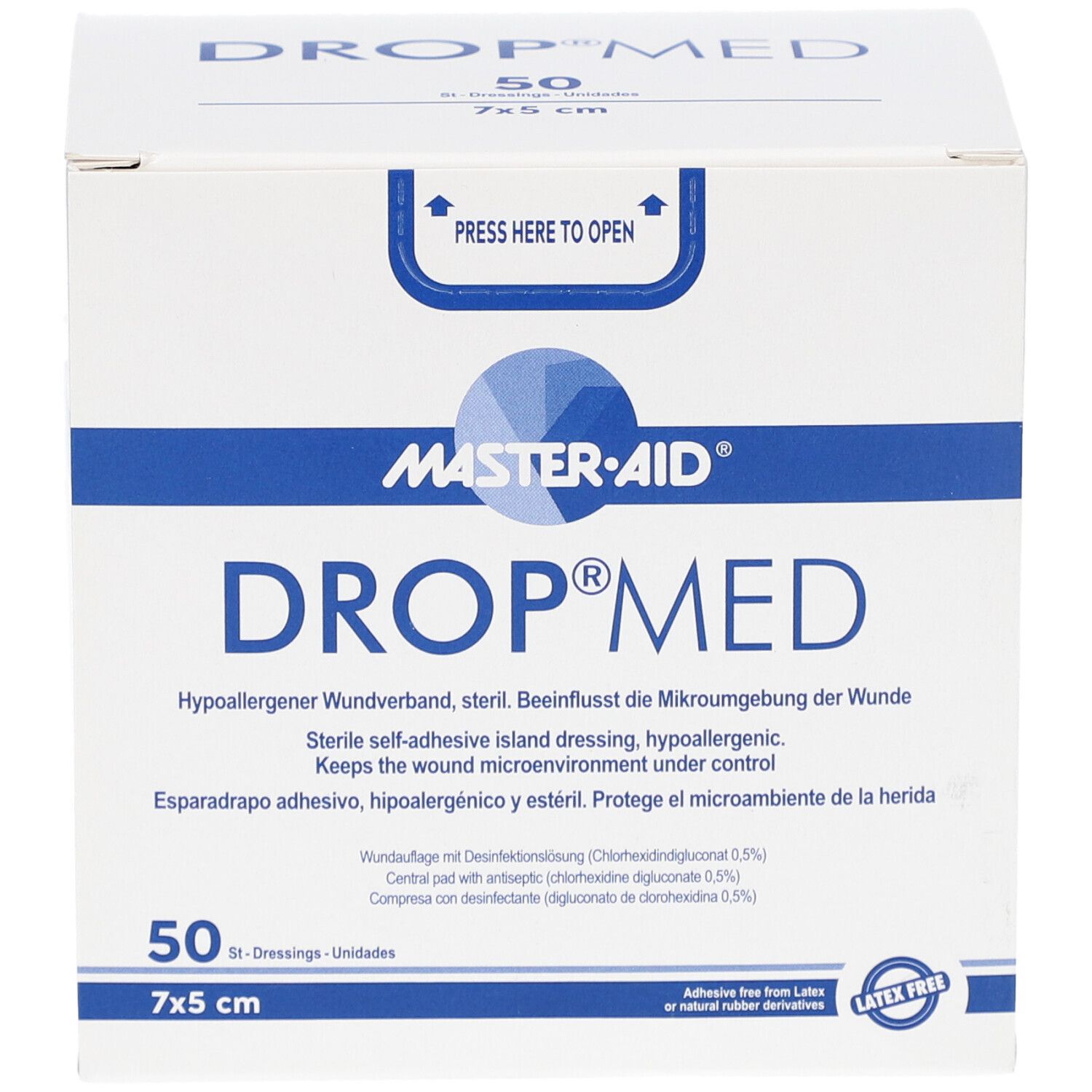 Verpackung von DROP MED Wundverband. 50 Stück, 7x5 cm. Marke MASTER-AID. Latex-frei.