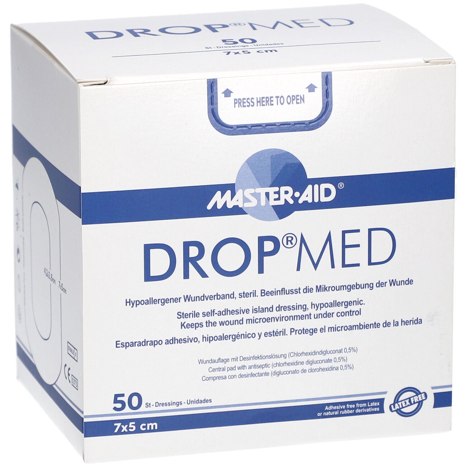Verpackung von DROP MED Wundverband. 50 Stück, 7x5 cm. Marke MASTER-AID. Einzelverband gezeigt.