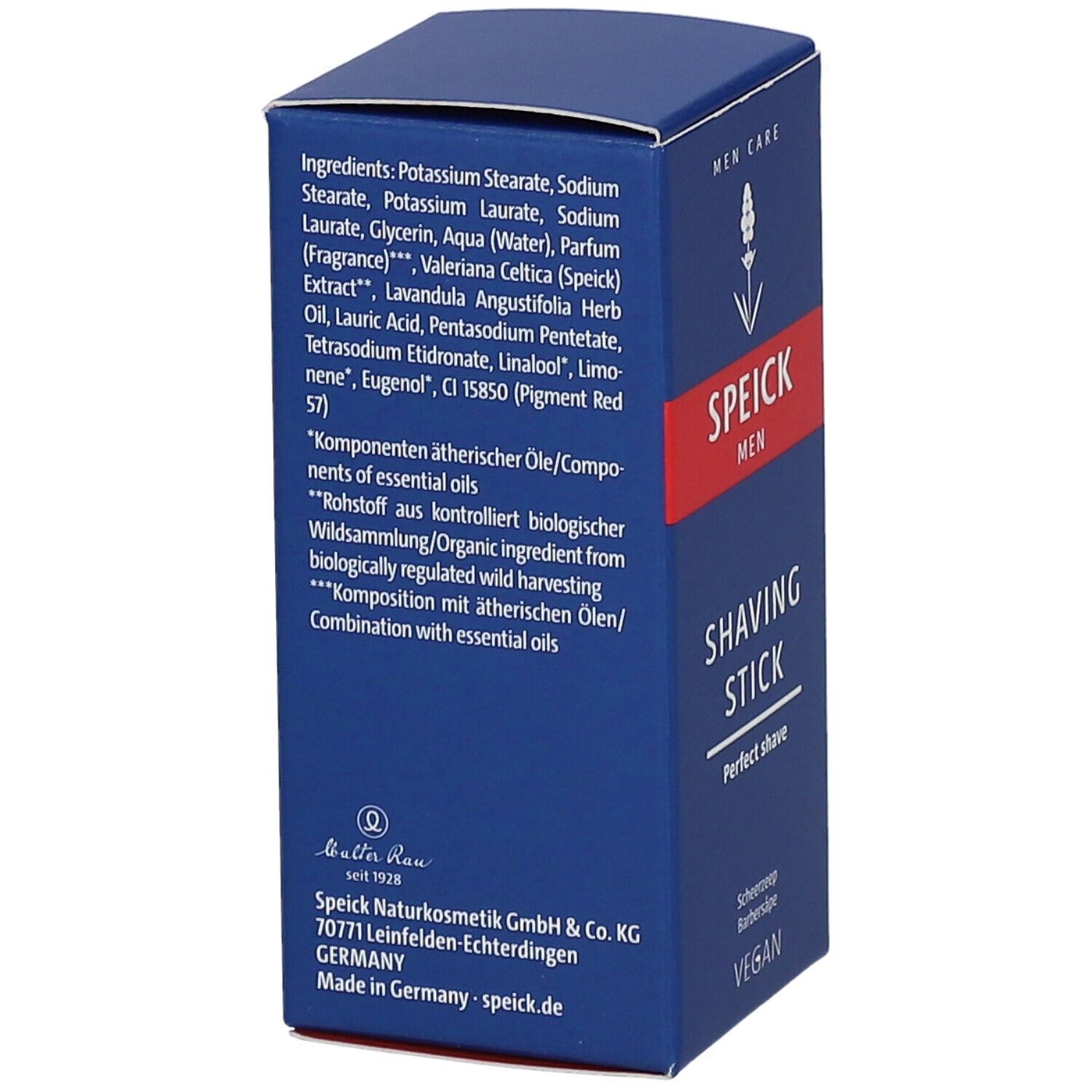 Blaue Verpackung mit SPEICK MEN Shaving Stick. Roter Streifen mit weißer Schrift. Vegan-Siegel. Inhaltsstoffe und Herstellerinformationen.