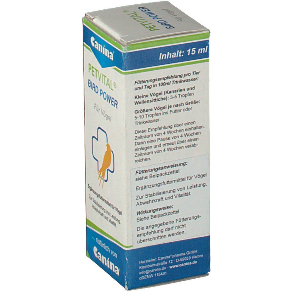 Seite der PETVITAL Bird Power Verpackung. Enthält Dosierungsempfehlungen. Logo Canina. Grün-weiß-blaue Verpackung.