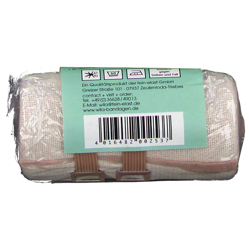 Verband MEDIBAND 70 BICOLOR, Rückseite. Etikett mit Herstellerinformationen, Barcode und Pflegehinweisen.